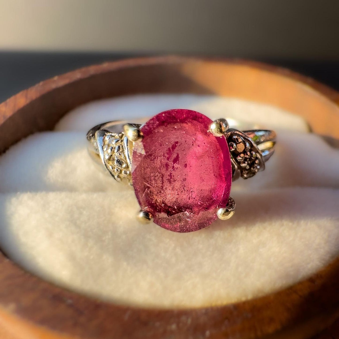 9k | 9ct White Gold | Vintage | Pink Ruby & Diamond Chip Ring | Statement Ring | Engagement Ring | Dress Ring | English Hallmarks |