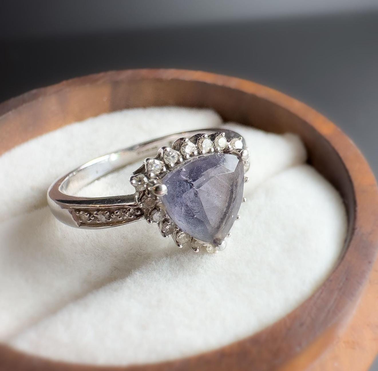 9ct | white gold | trillion cut | tanzanite and diamond ring | Birmingham | English Hallmarks | UK size L |