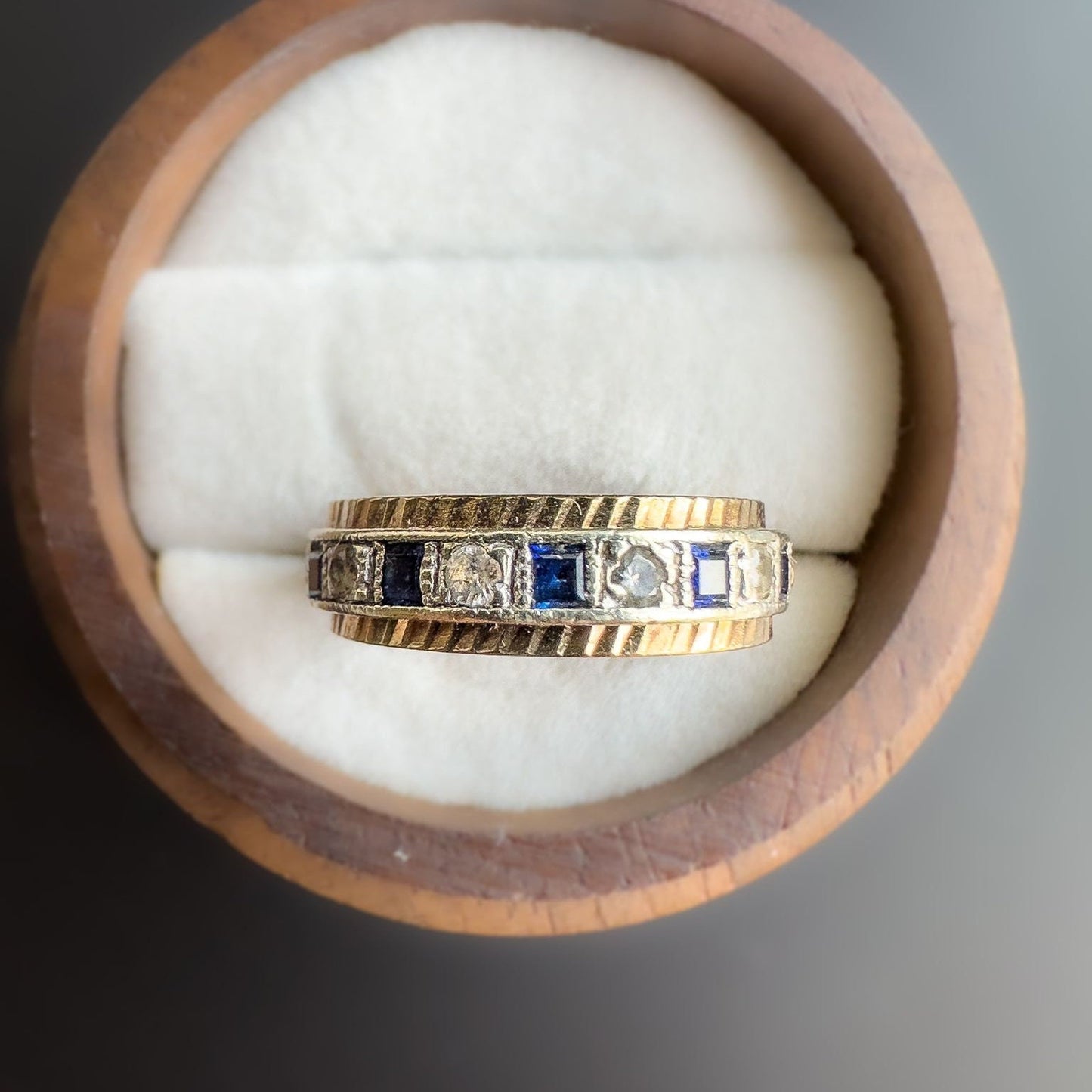 9ct | 9k Gold | Vintage Bi Coloured Eternity Band | Blue Sapphire & Zircona | Eternity Ring | English Hallmarks | UK size K | US 5.25 |