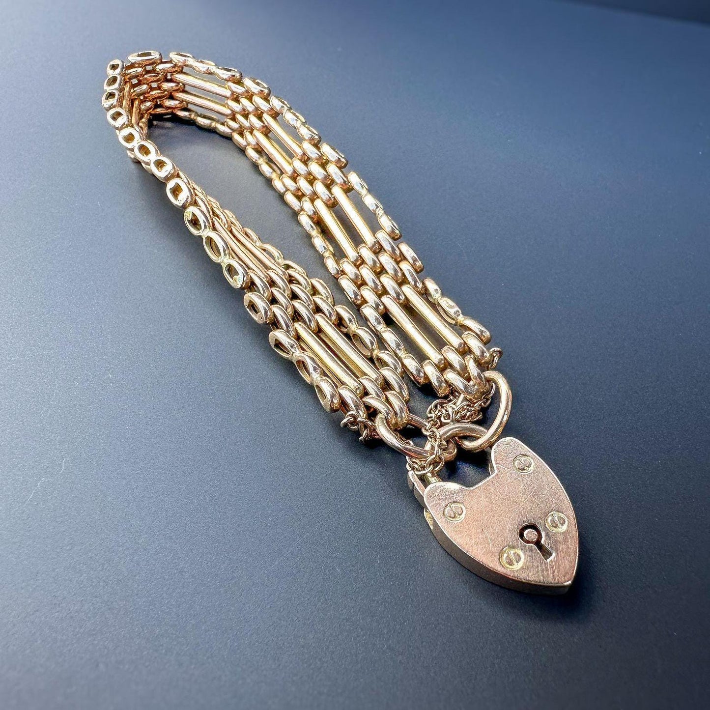 Gorgeous Antique 9ct | 9k Rose Gold | Victorian Gate-Link Bracelet | Heart Padlock Clasp | English Hallmarks |