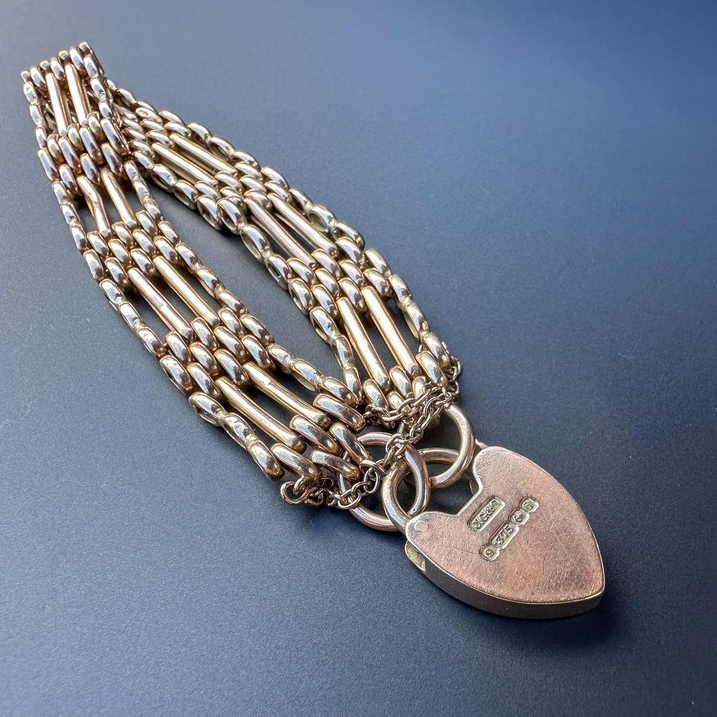 Gorgeous Antique 9ct | 9k Rose Gold | Victorian Gate-Link Bracelet | Heart Padlock Clasp | English Hallmarks |