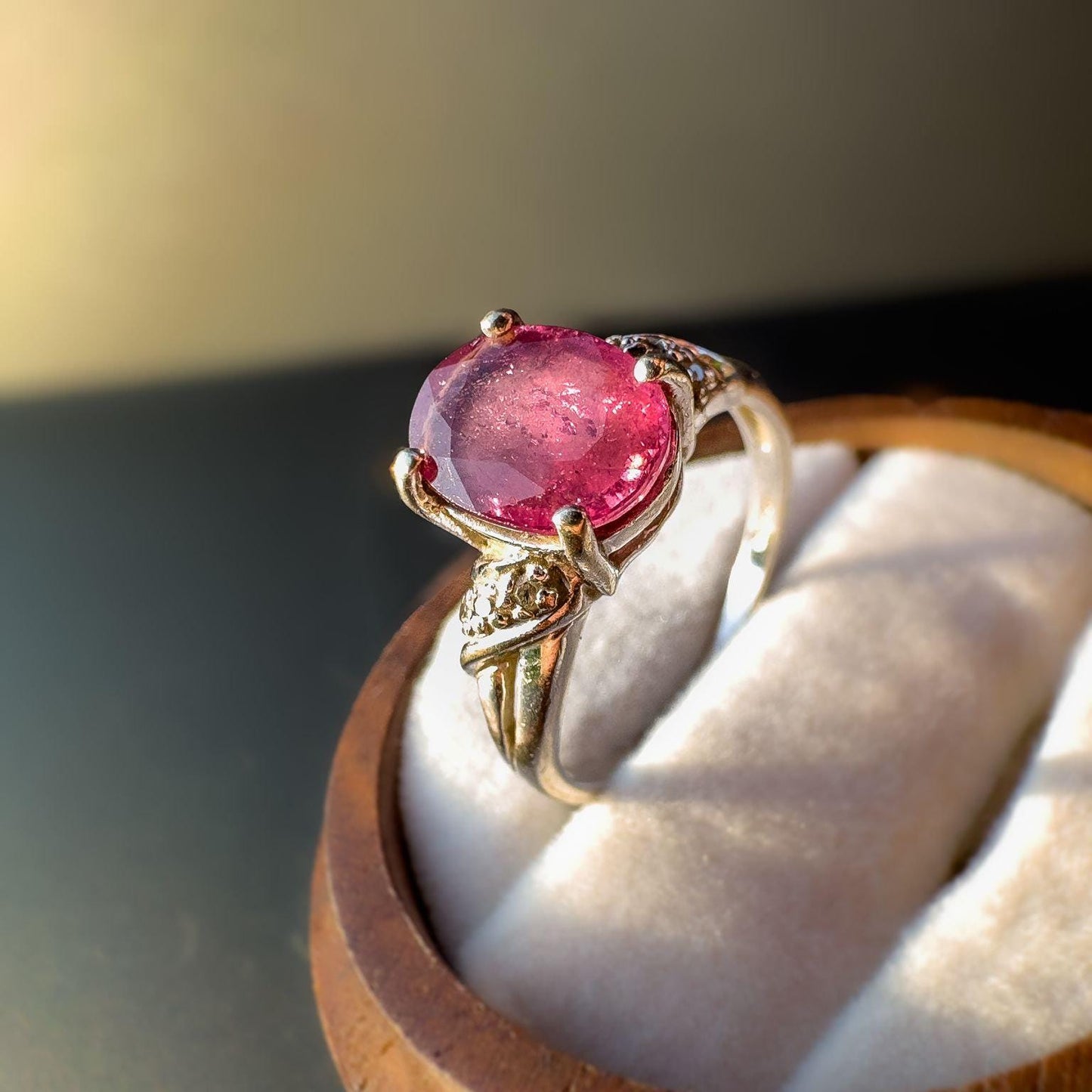 9k | 9ct White Gold | Vintage | Pink Ruby & Diamond Chip Ring | Statement Ring | Engagement Ring | Dress Ring | English Hallmarks |