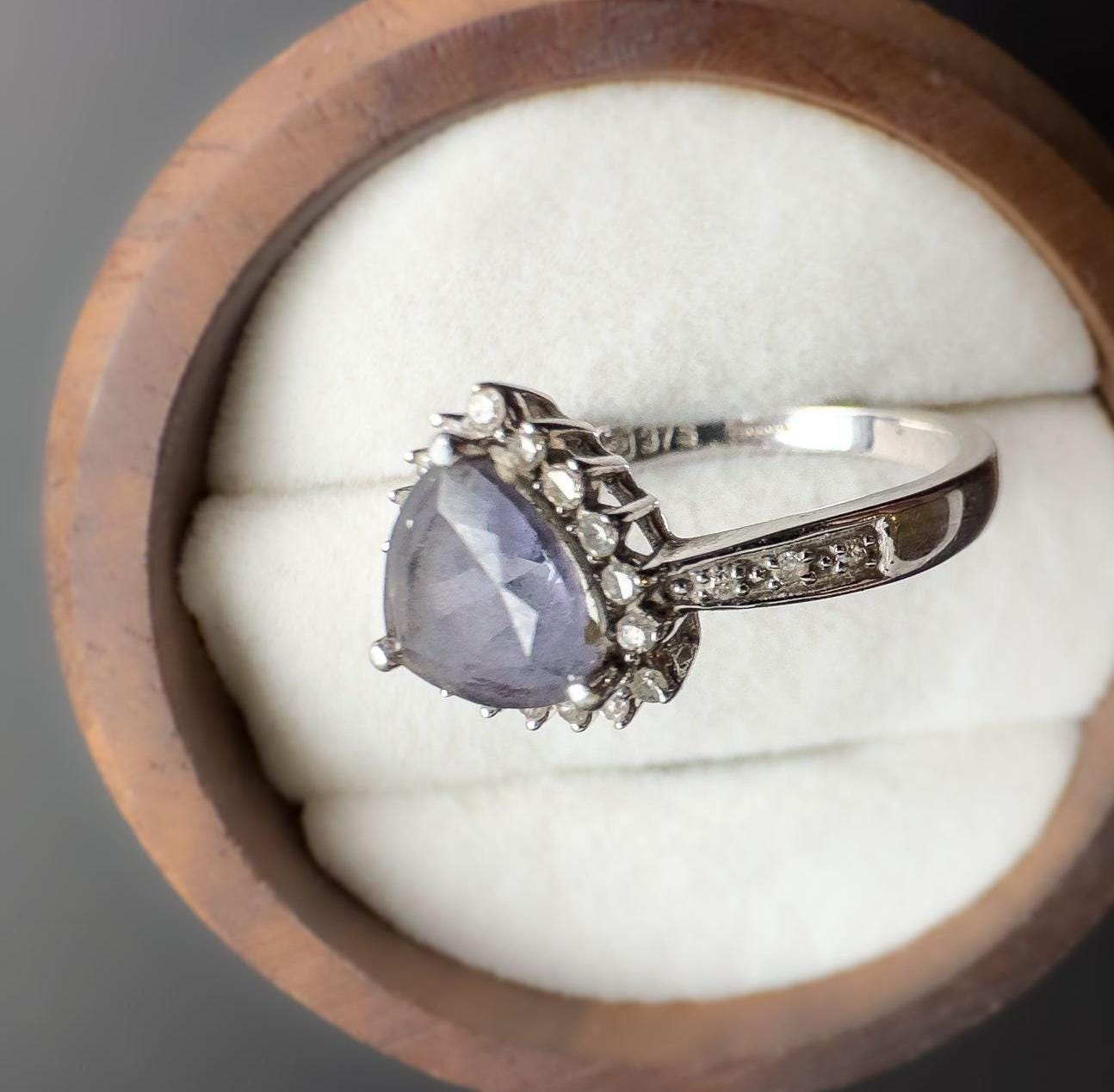 9ct | white gold | trillion cut | tanzanite and diamond ring | Birmingham | English Hallmarks | UK size L |