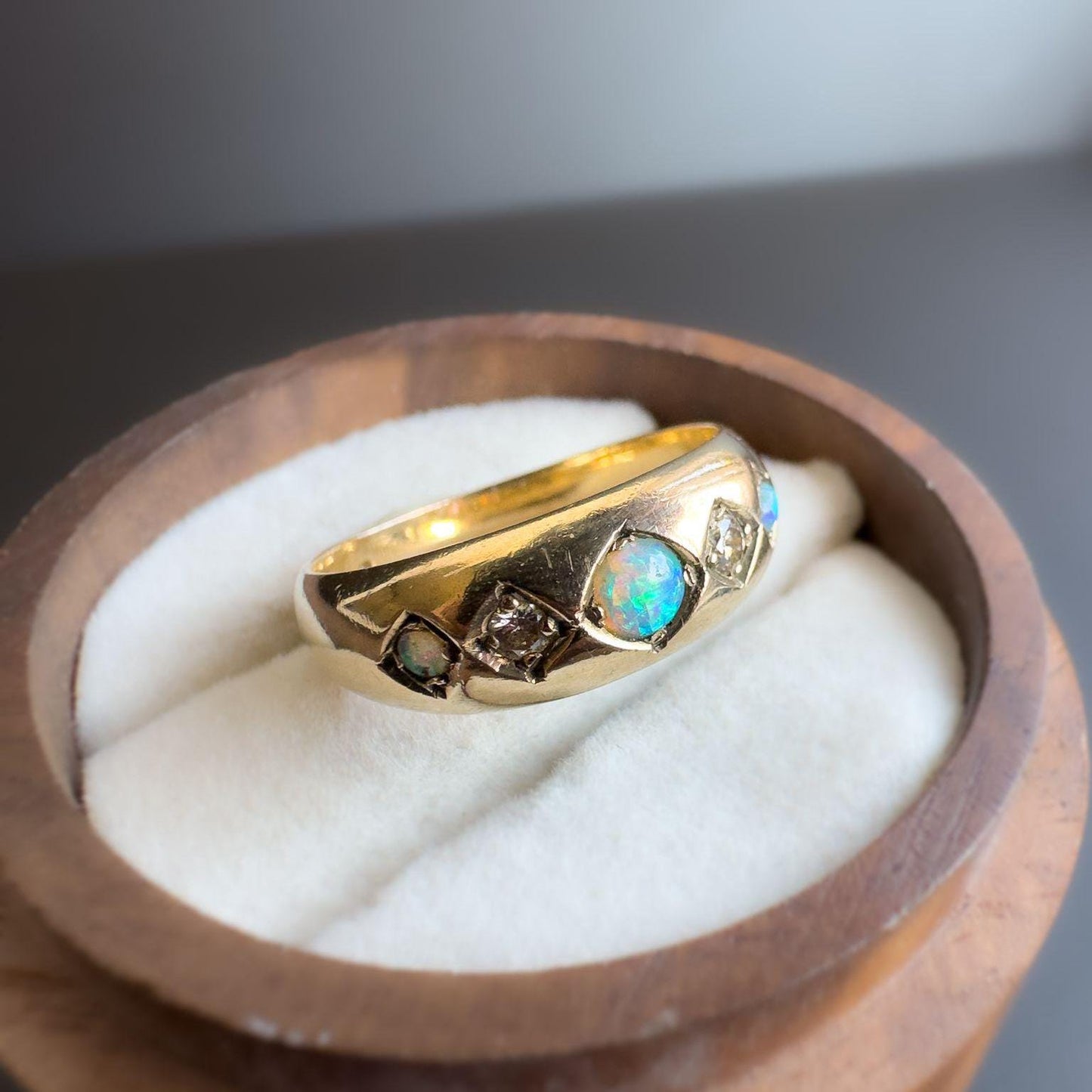 Fabulous Vintage |9ct | 9k Gold | Opal & Diamond Five Stone Gypsy Ring | Signet Ring | Domed Band Ring | English Hallmarks |
