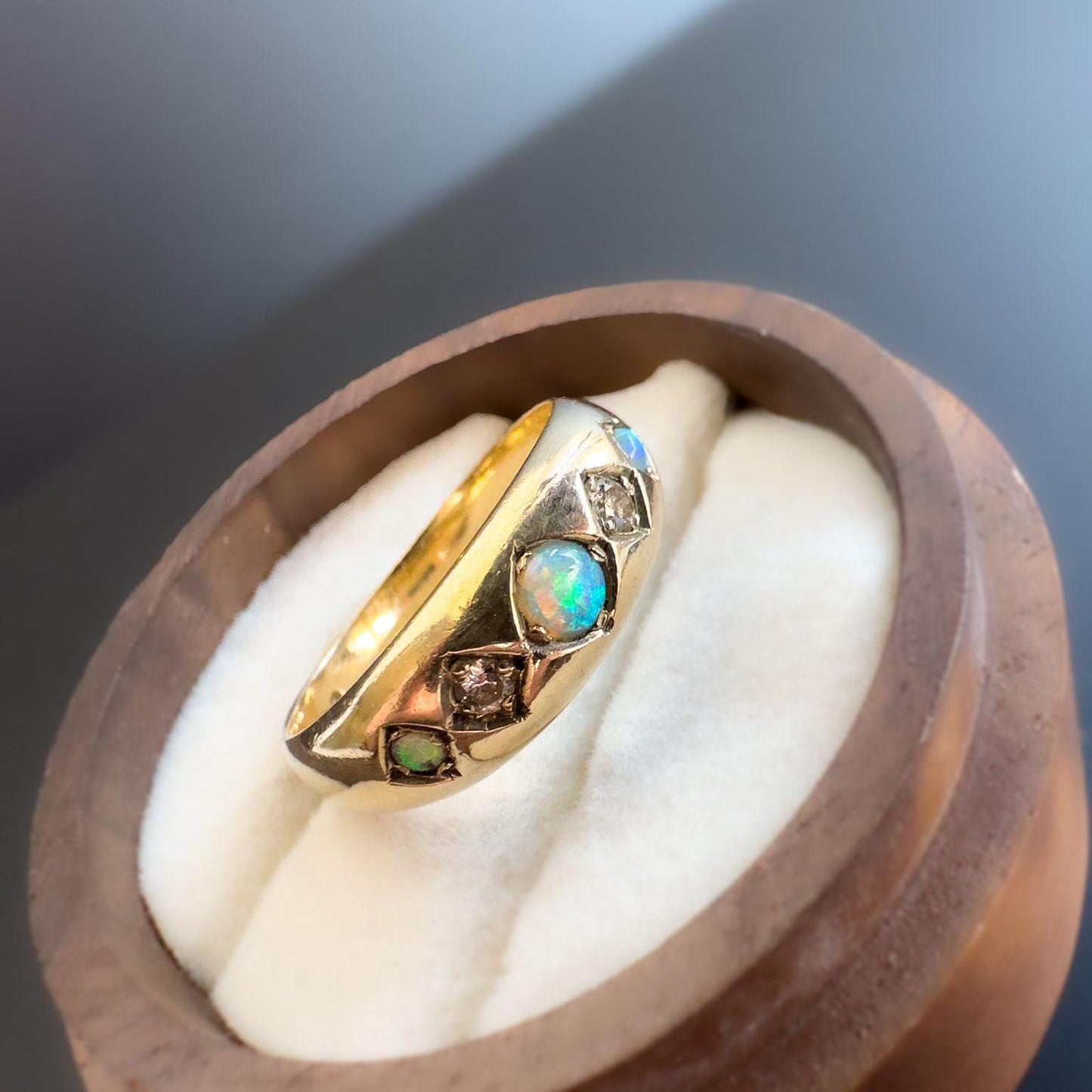 Fabulous Vintage |9ct | 9k Gold | Opal & Diamond Five Stone Gypsy Ring | Signet Ring | Domed Band Ring | English Hallmarks |