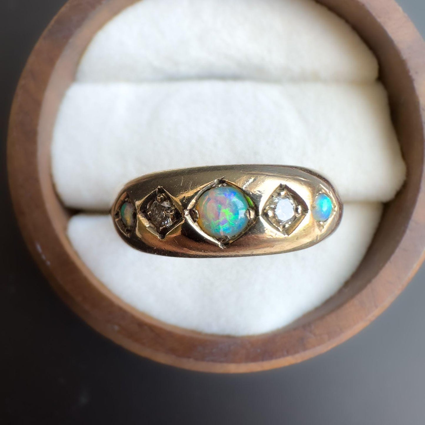 Fabulous Vintage |9ct | 9k Gold | Opal & Diamond Five Stone Gypsy Ring | Signet Ring | Domed Band Ring | English Hallmarks |