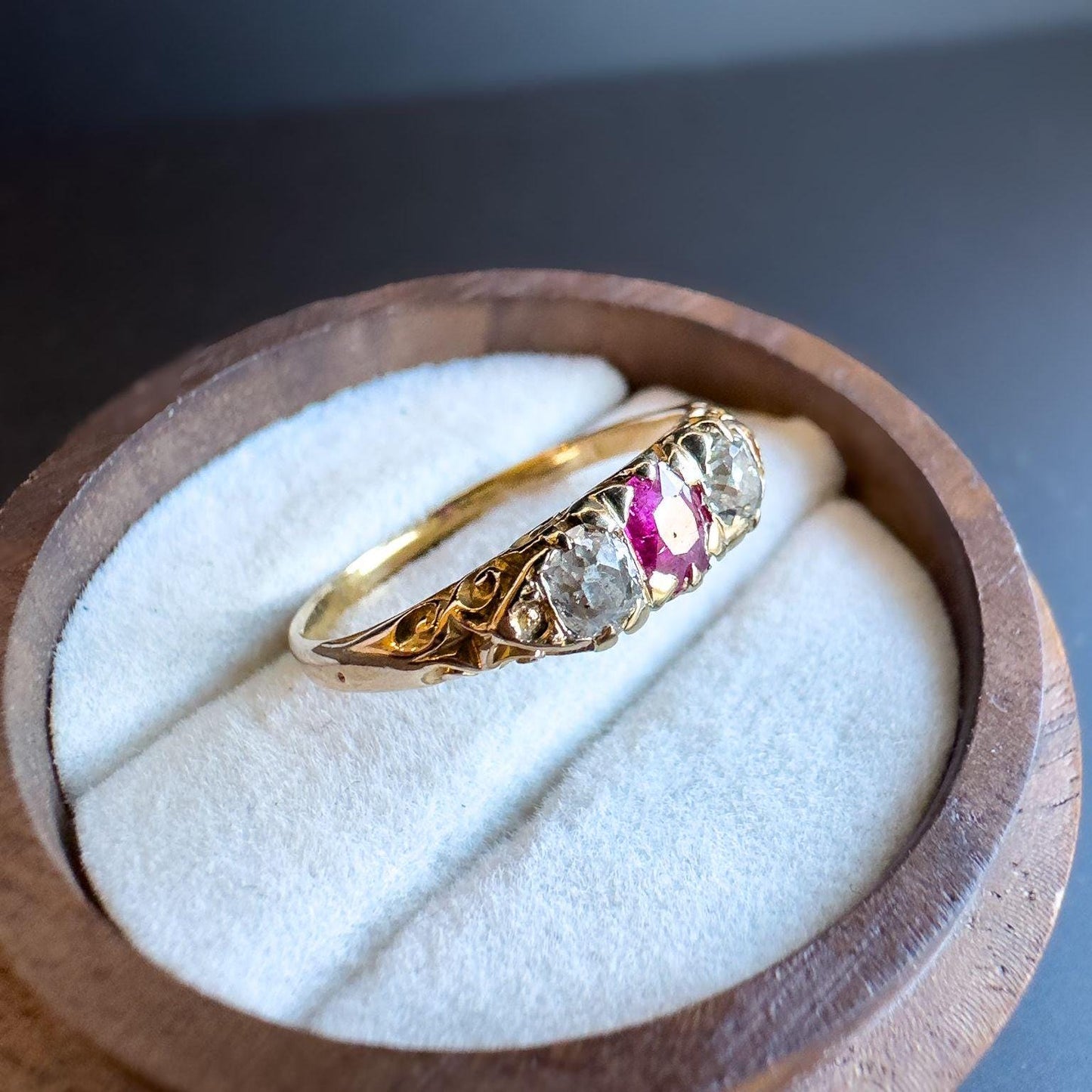 Victorian | 15ct | 15k Gold | Art Nouveau | Old Mine Cut Natural Diamond & Ruby Trilogy Ring | UK Size P 1/2 - US Size 8 Resizable |