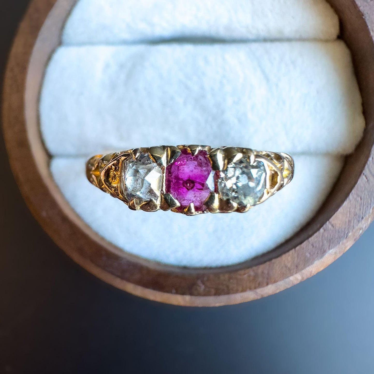 Victorian | 15ct | 15k Gold | Art Nouveau | Old Mine Cut Natural Diamond & Ruby Trilogy Ring | UK Size P 1/2 - US Size 8 Resizable |