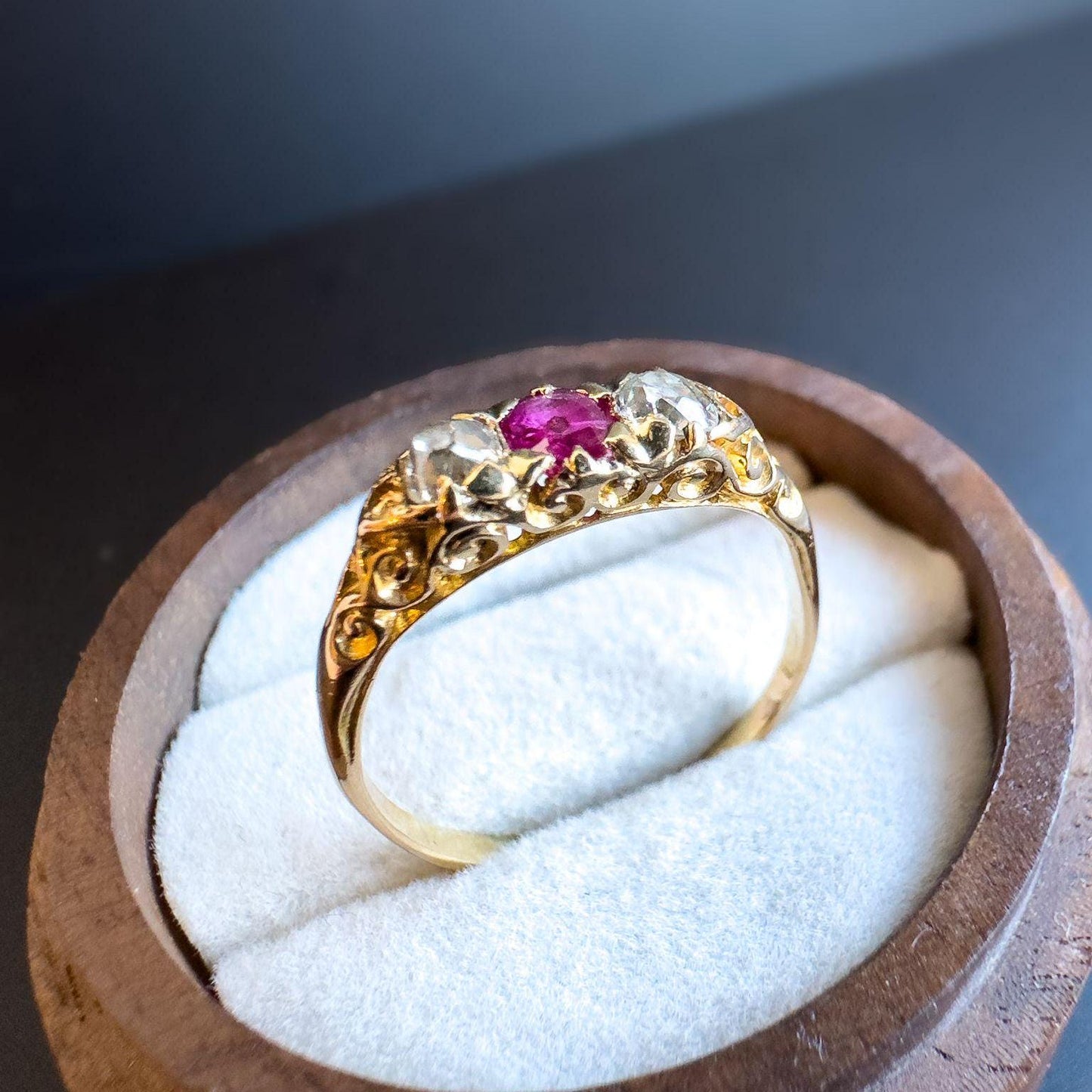 Victorian | 15ct | 15k Gold | Art Nouveau | Old Mine Cut Natural Diamond & Ruby Trilogy Ring | UK Size P 1/2 - US Size 8 Resizable |