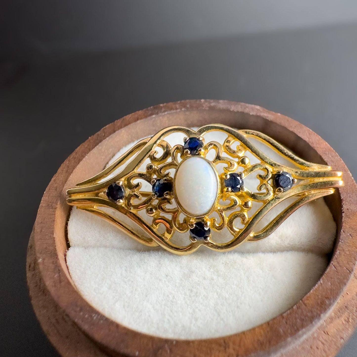 Very Pretty | Victorian | 12ct | 12k Gold | Art Nouveau Filigree Opal & Sapphire Brooch |
