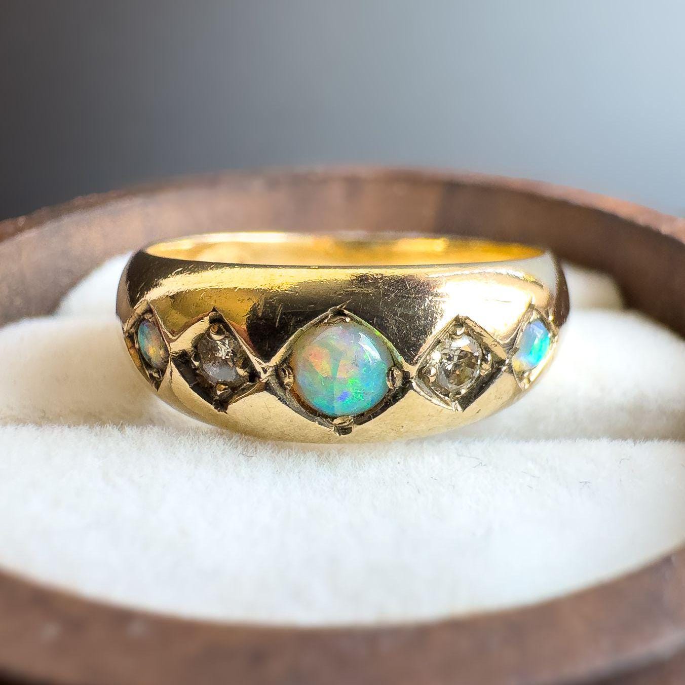 Fabulous Vintage |9ct | 9k Gold | Opal & Diamond Five Stone Gypsy Ring | Signet Ring | Domed Band Ring | English Hallmarks |