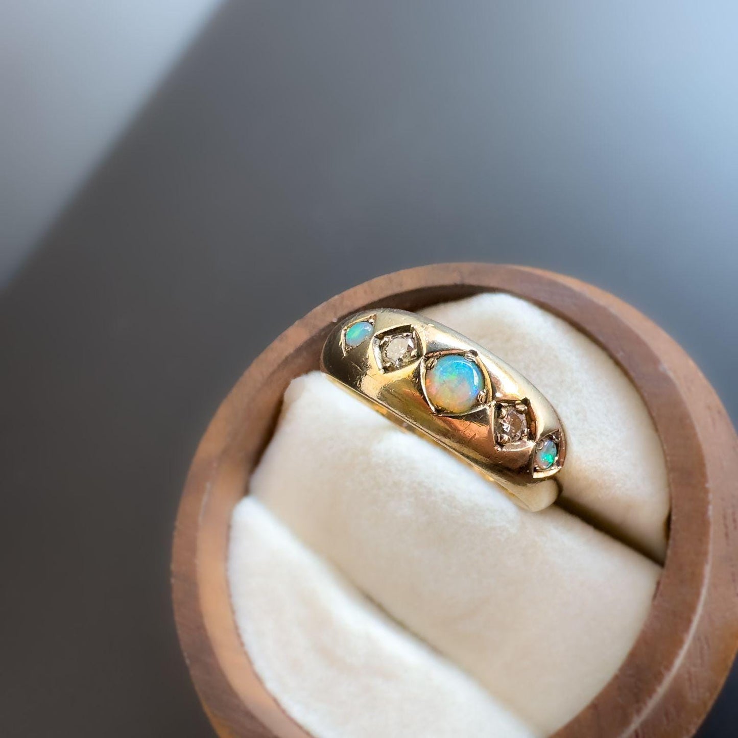 Fabulous Vintage |9ct | 9k Gold | Opal & Diamond Five Stone Gypsy Ring | Signet Ring | Domed Band Ring | English Hallmarks |