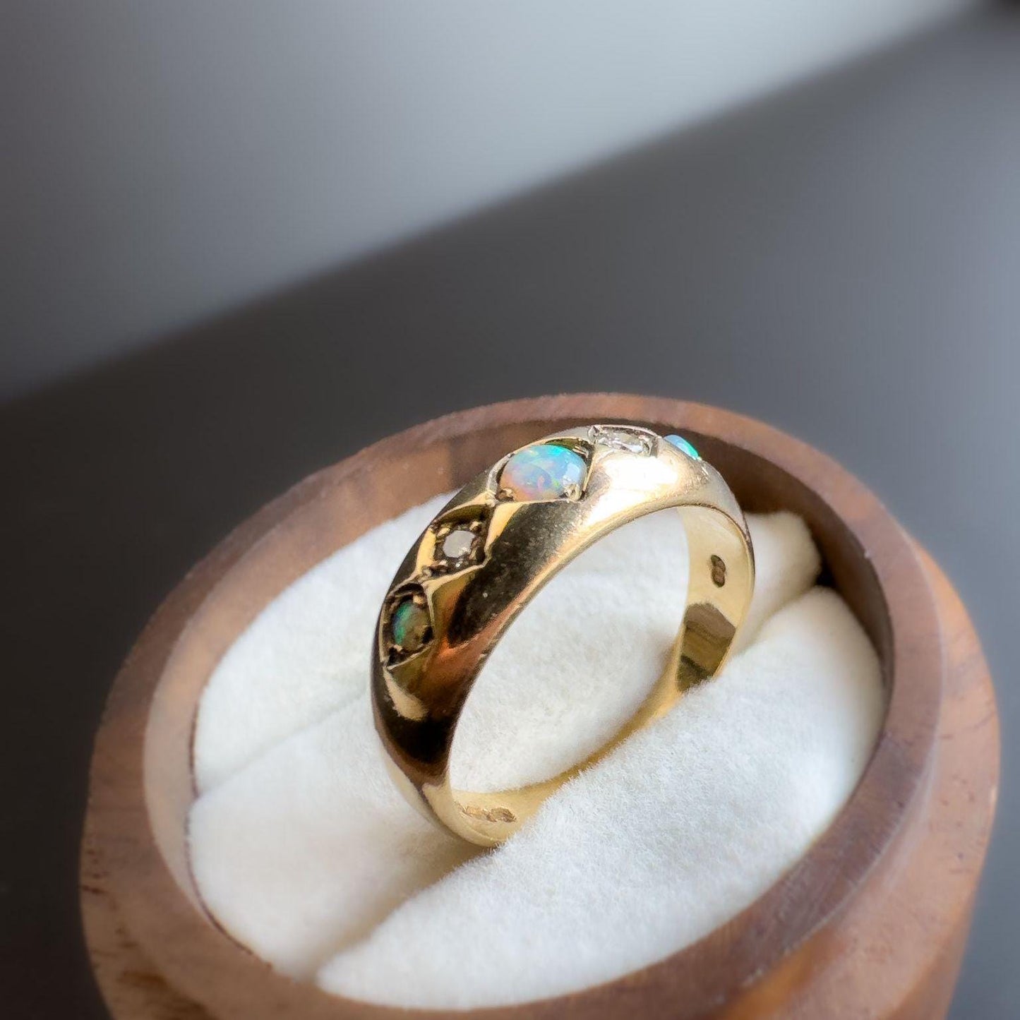 Fabulous Vintage |9ct | 9k Gold | Opal & Diamond Five Stone Gypsy Ring | Signet Ring | Domed Band Ring | English Hallmarks |