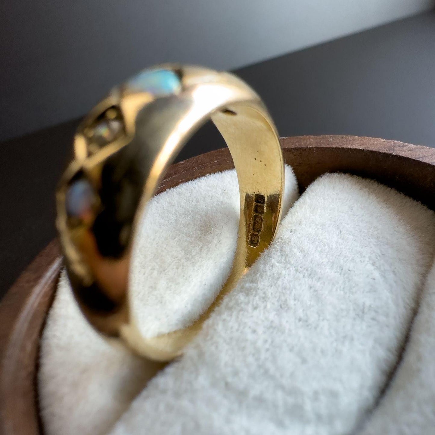 Fabulous Vintage |9ct | 9k Gold | Opal & Diamond Five Stone Gypsy Ring | Signet Ring | Domed Band Ring | English Hallmarks |
