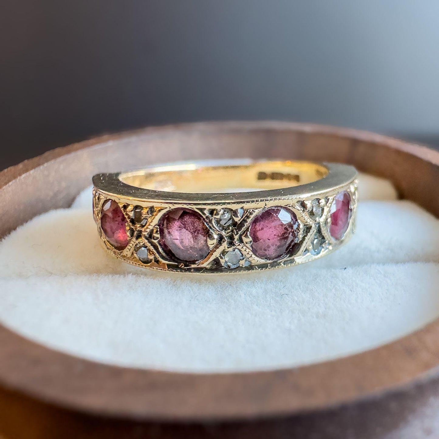 Gorgeous | Vintage | 9ct | 9k Gold | Ruby & Diamond Half Eternity Ring | Multi Stone Ring | London Hallmarked | UK L | US 5.75 | Resizable