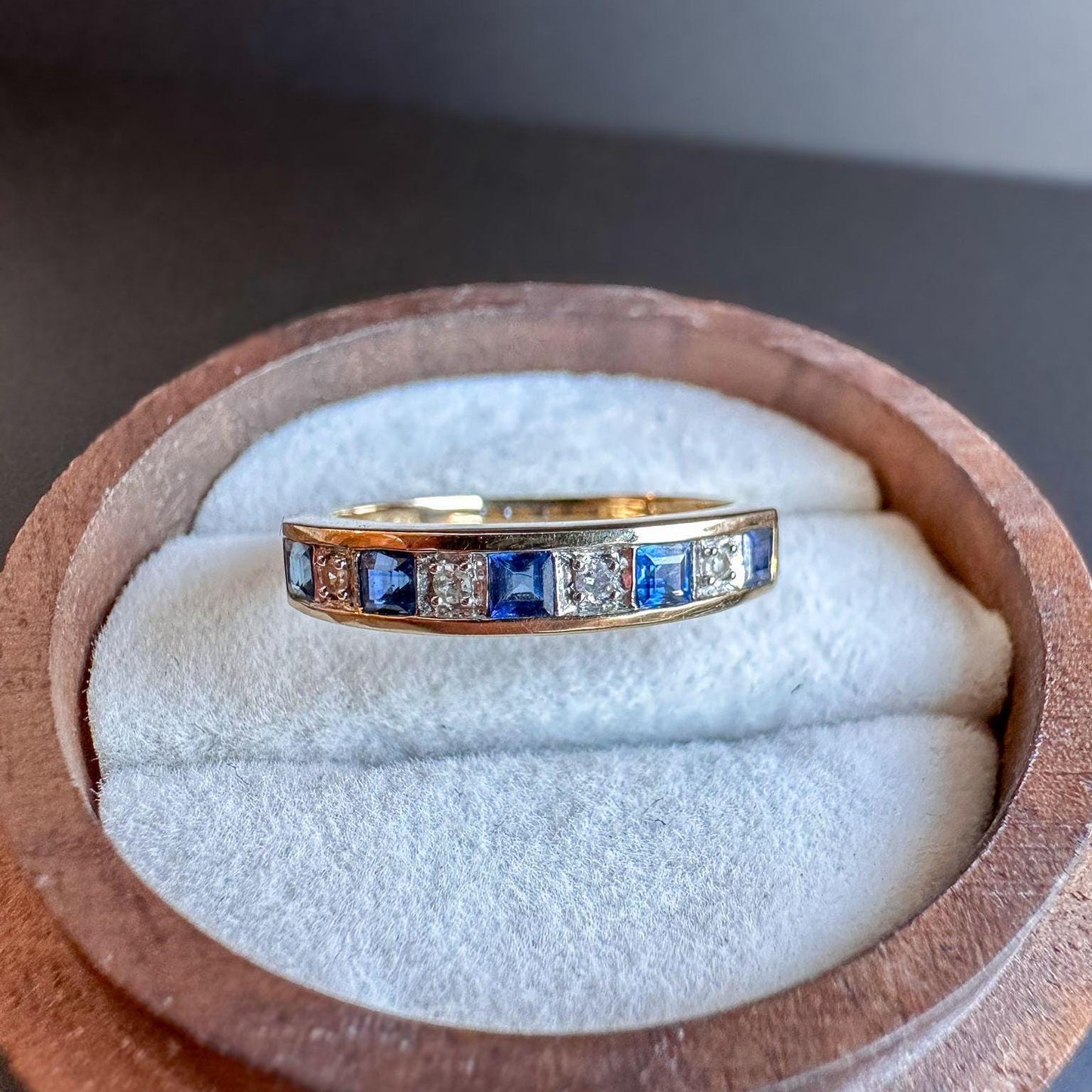 Beautiful | Vintage | 9ct | 9k Gold | Blue Sapphire & Diamond Eternity Band Ring | Stackable | Hallmarked | UK M | US 6.25 | Resizable |