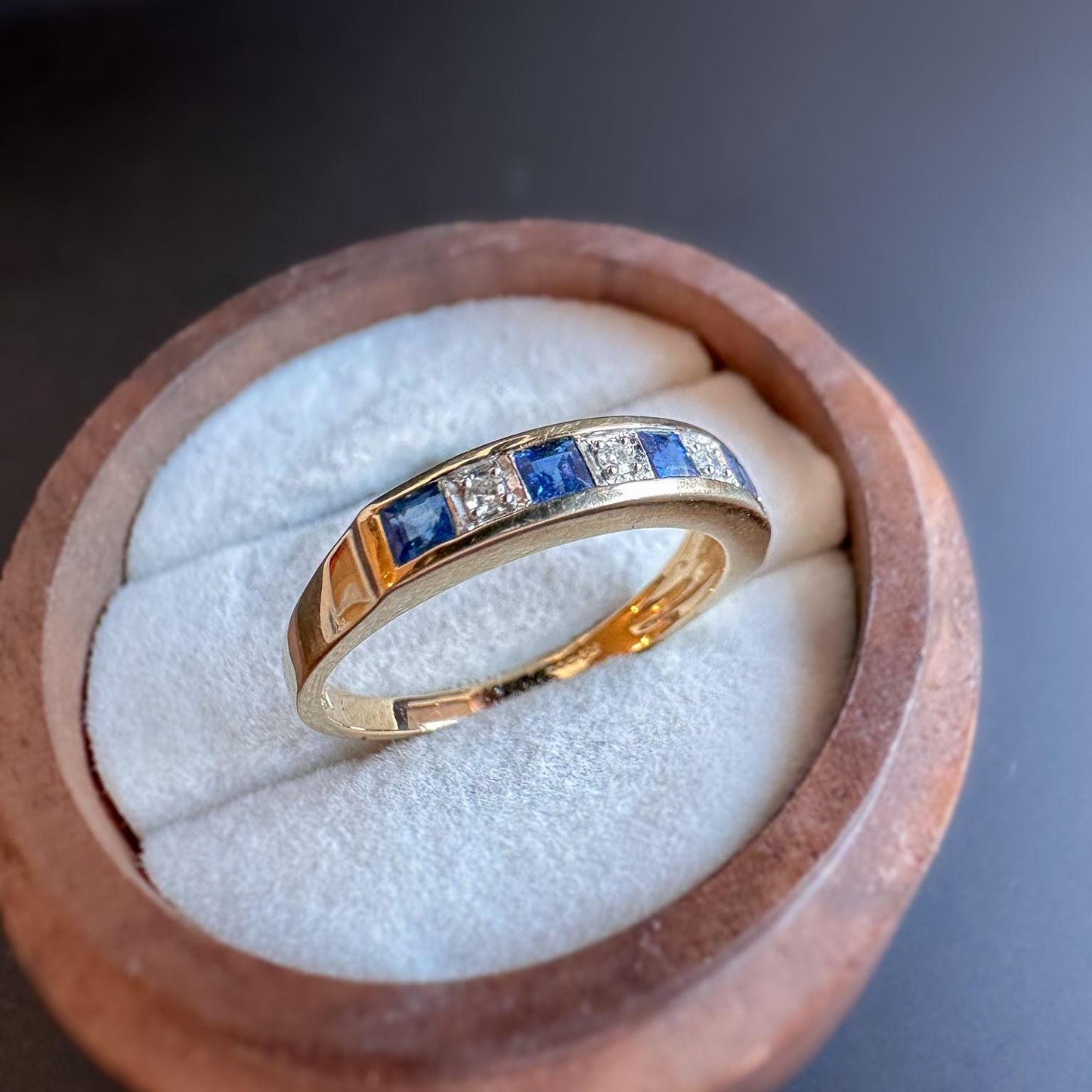 Beautiful | Vintage | 9ct | 9k Gold | Blue Sapphire & Diamond Eternity Band Ring | Stackable | Hallmarked | UK M | US 6.25 | Resizable |