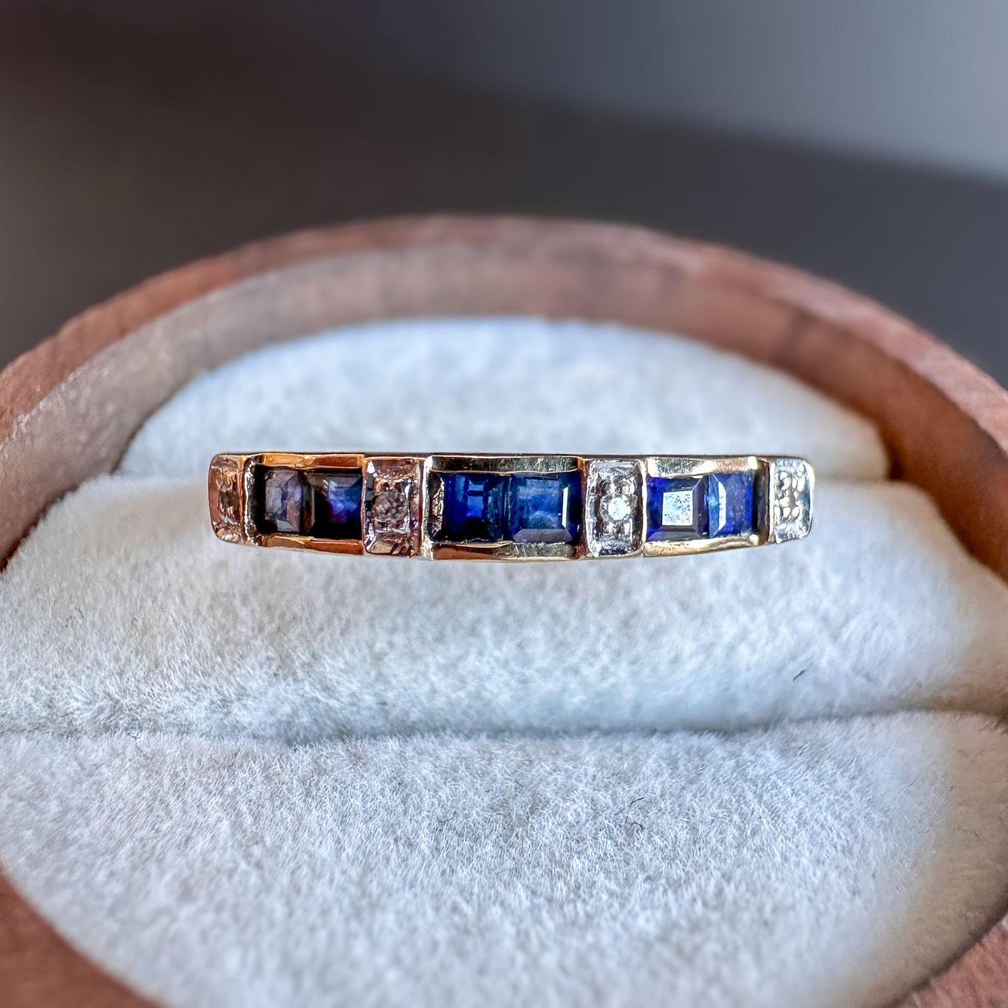 Very Pretty | Vintage | 9ct | 9k Gold | Deep Blue Sapphire & Diamond Half Eternity Band Ring | Stackable Rings | Hallmarked | UK O | US 7 |