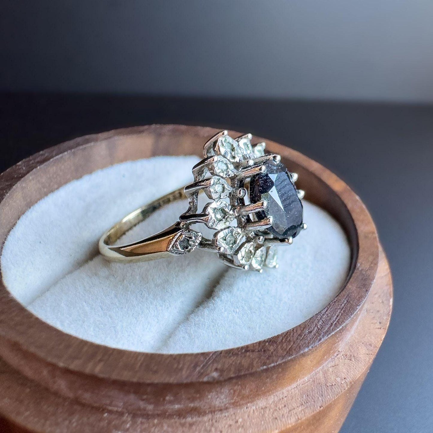 Stunning | Vintage | 9ct | 9k Gold | Sapphire & Diamond Floral Cluster Ring | English Hallmarks | UK M 1/2 | US 6.5 | Resizable |