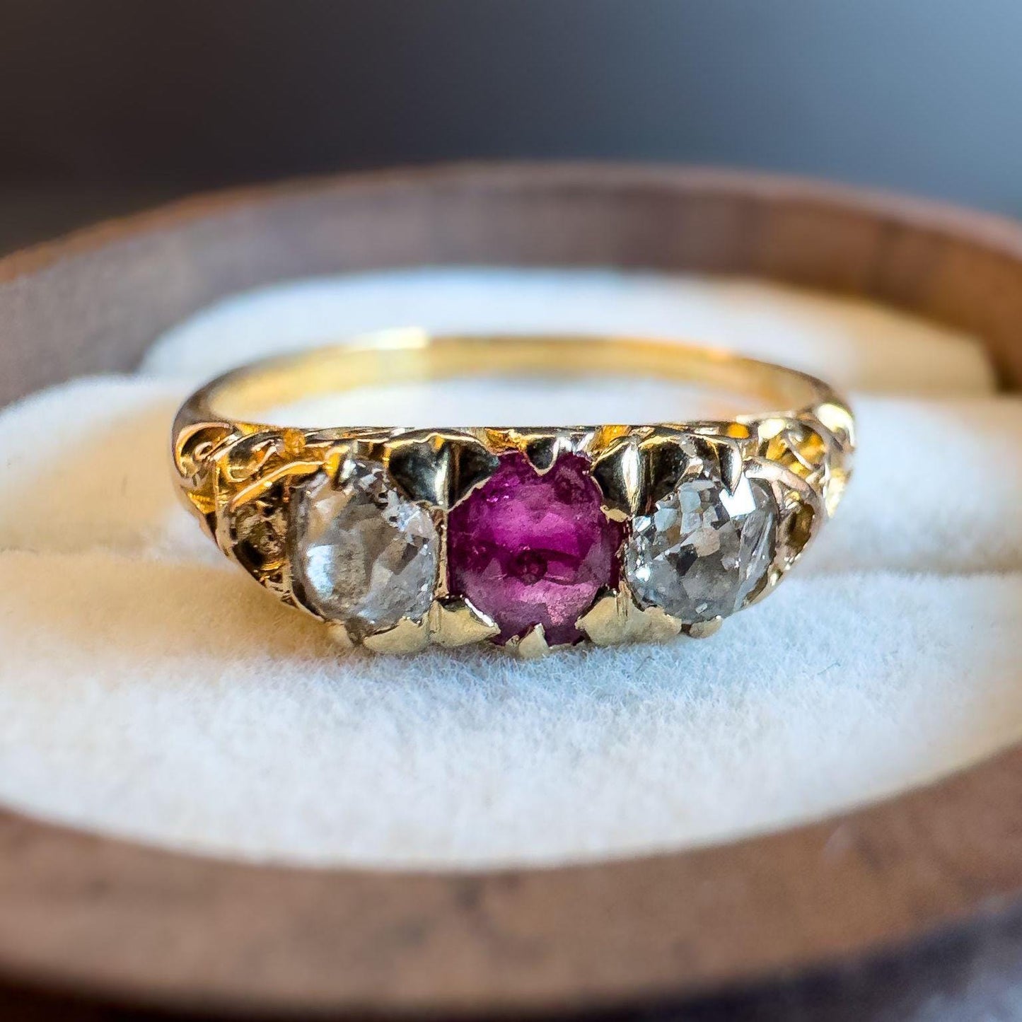 Victorian | 15ct | 15k Gold | Art Nouveau | Old Mine Cut Natural Diamond & Ruby Trilogy Ring | UK Size P 1/2 - US Size 8 Resizable |