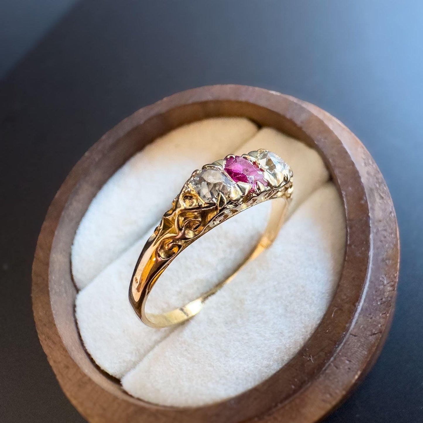 Victorian | 15ct | 15k Gold | Art Nouveau | Old Mine Cut Natural Diamond & Ruby Trilogy Ring | UK Size P 1/2 - US Size 8 Resizable |