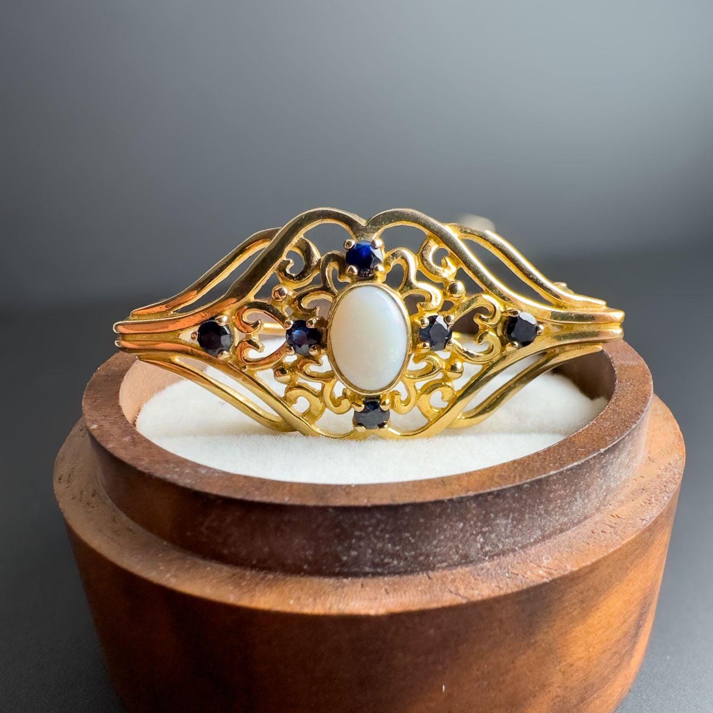 Very Pretty | Victorian | 12ct | 12k Gold | Art Nouveau Filigree Opal & Sapphire Brooch |