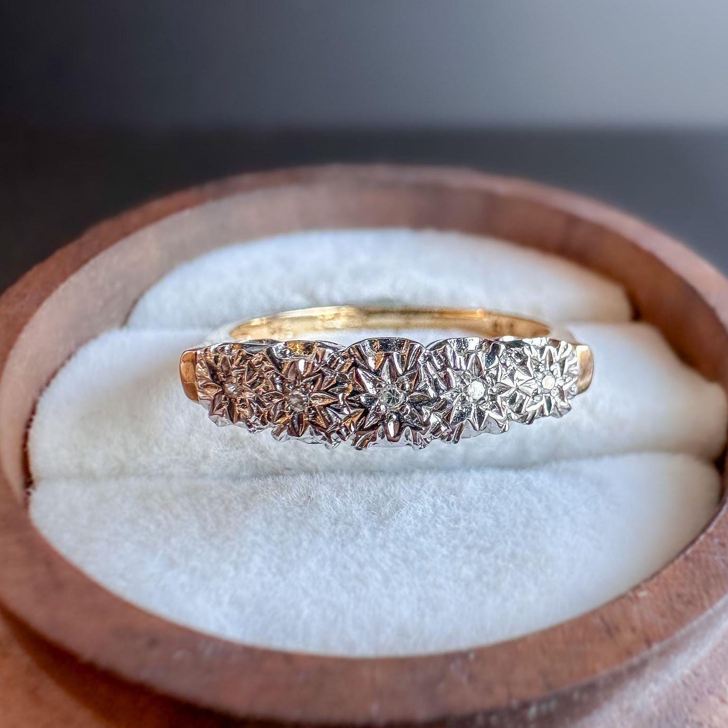 A Glamarous | Vintage | 9ct | 9k Gold | Five Stone Diamond Ring | Half Eternity Ring | English Hallmarks | UK O - US 7 Resizable |