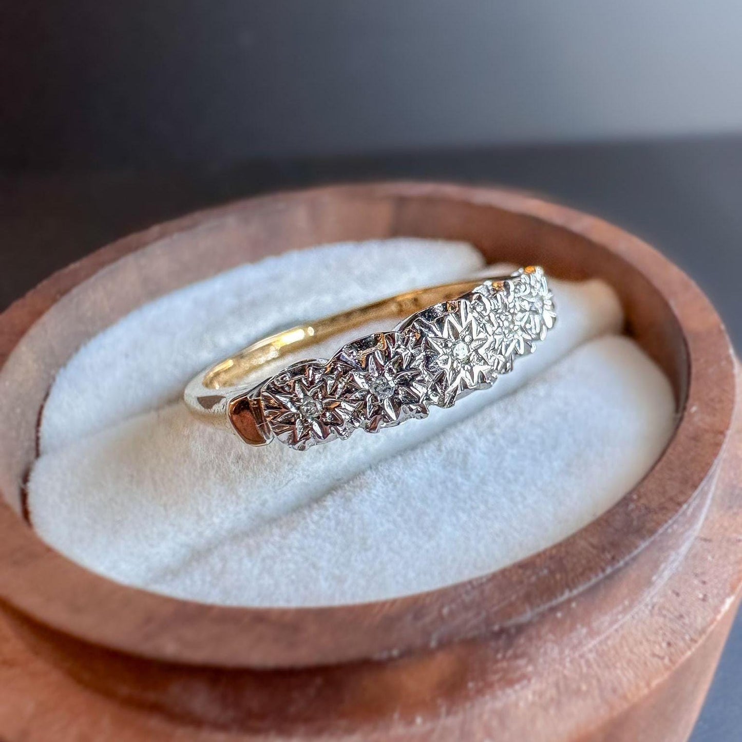 A Glamarous | Vintage | 9ct | 9k Gold | Five Stone Diamond Ring | Half Eternity Ring | English Hallmarks | UK O - US 7 Resizable |