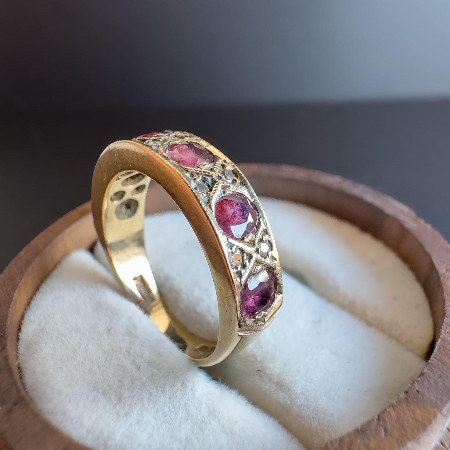 Gorgeous | Vintage | 9ct | 9k Gold | Ruby & Diamond Half Eternity Ring | Multi Stone Ring | London Hallmarked | UK L | US 5.75 | Resizable