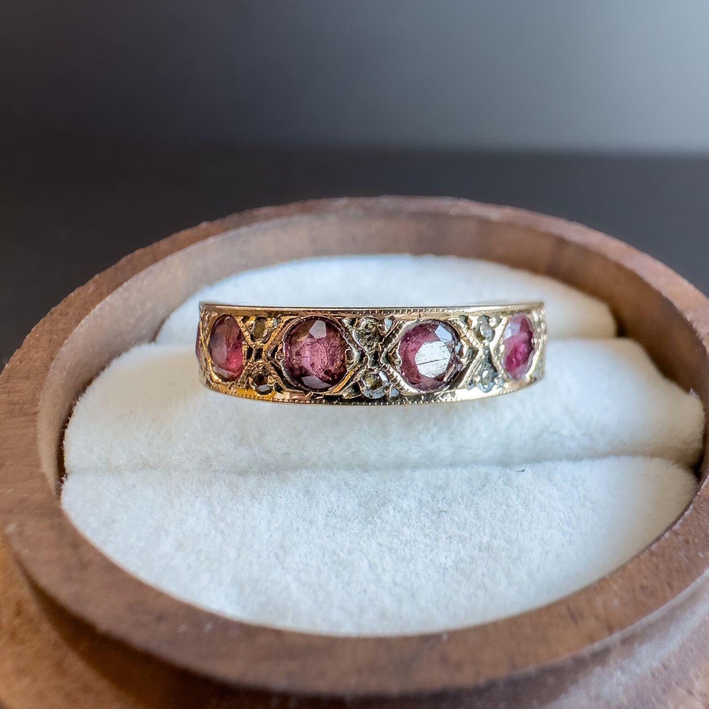 Gorgeous | Vintage | 9ct | 9k Gold | Ruby & Diamond Half Eternity Ring | Multi Stone Ring | London Hallmarked | UK L | US 5.75 | Resizable