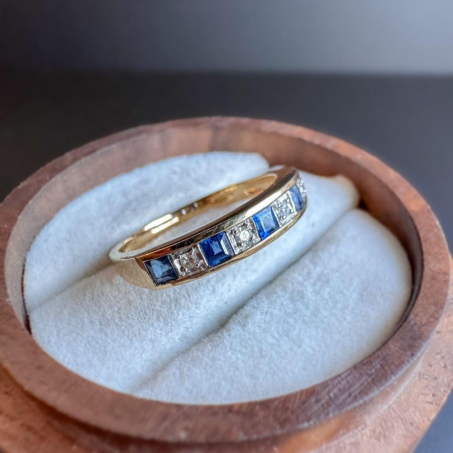 Beautiful | Vintage | 9ct | 9k Gold | Blue Sapphire & Diamond Eternity Band Ring | Stackable | Hallmarked | UK M | US 6.25 | Resizable |