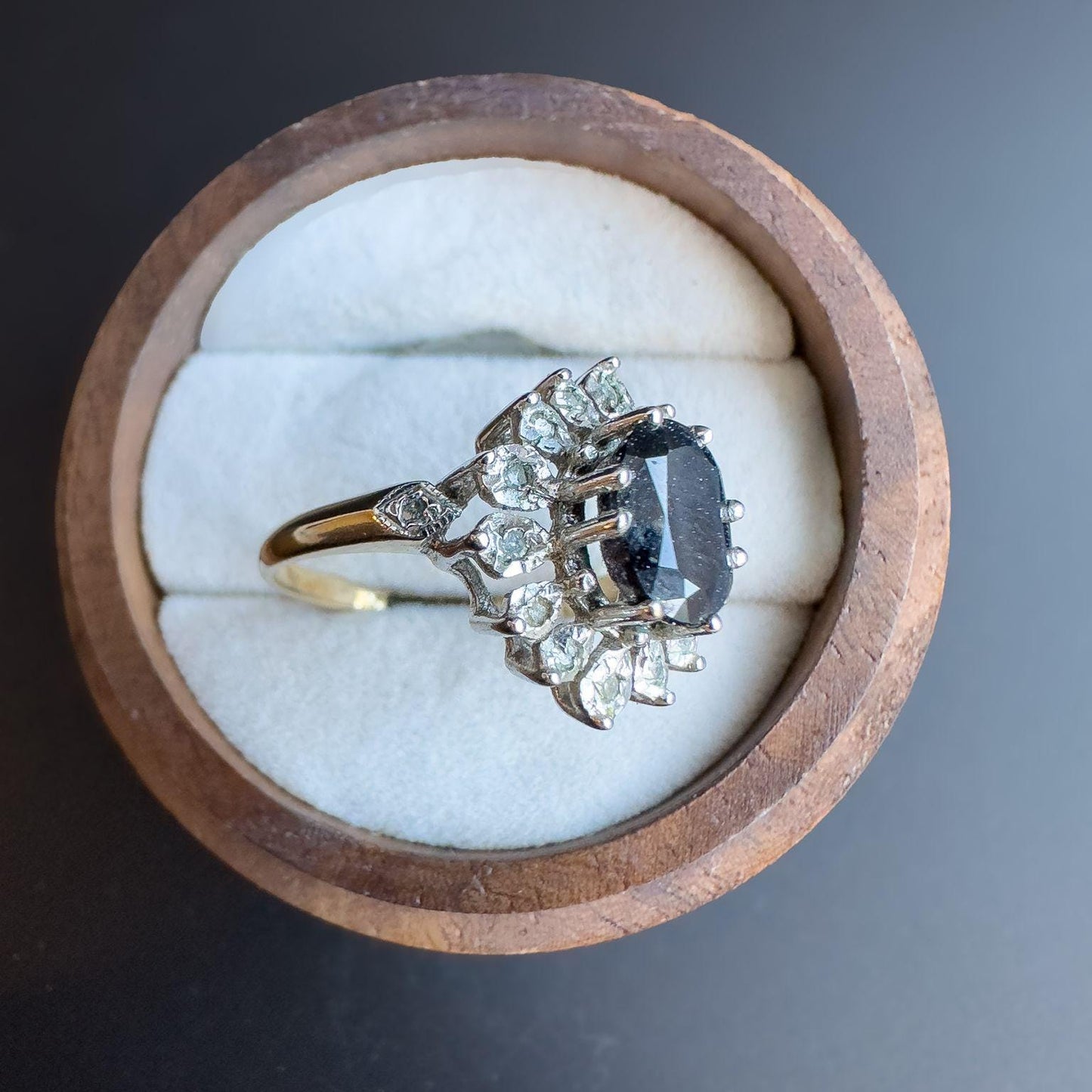Stunning | Vintage | 9ct | 9k Gold | Sapphire & Diamond Floral Cluster Ring | English Hallmarks | UK M 1/2 | US 6.5 | Resizable |