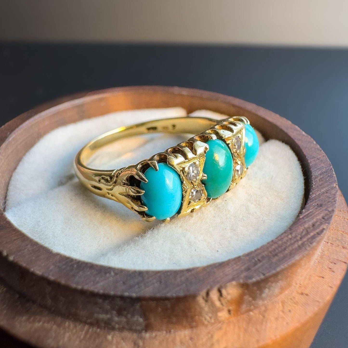 Stunning | Victorian | 18ct | 18k Gold | Old Mine Cut Diamond & Turquoise Trilogy Ring | Multi Stone Ring | UK O - US 7.25 | Resizable |