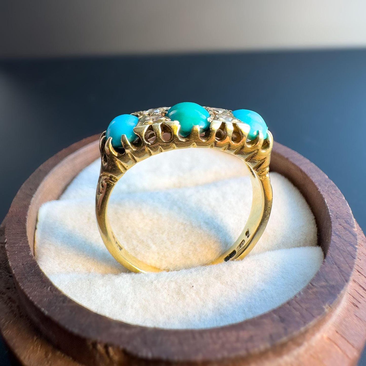 Stunning | Victorian | 18ct | 18k Gold | Old Mine Cut Diamond & Turquoise Trilogy Ring | Multi Stone Ring | UK O - US 7.25 | Resizable |