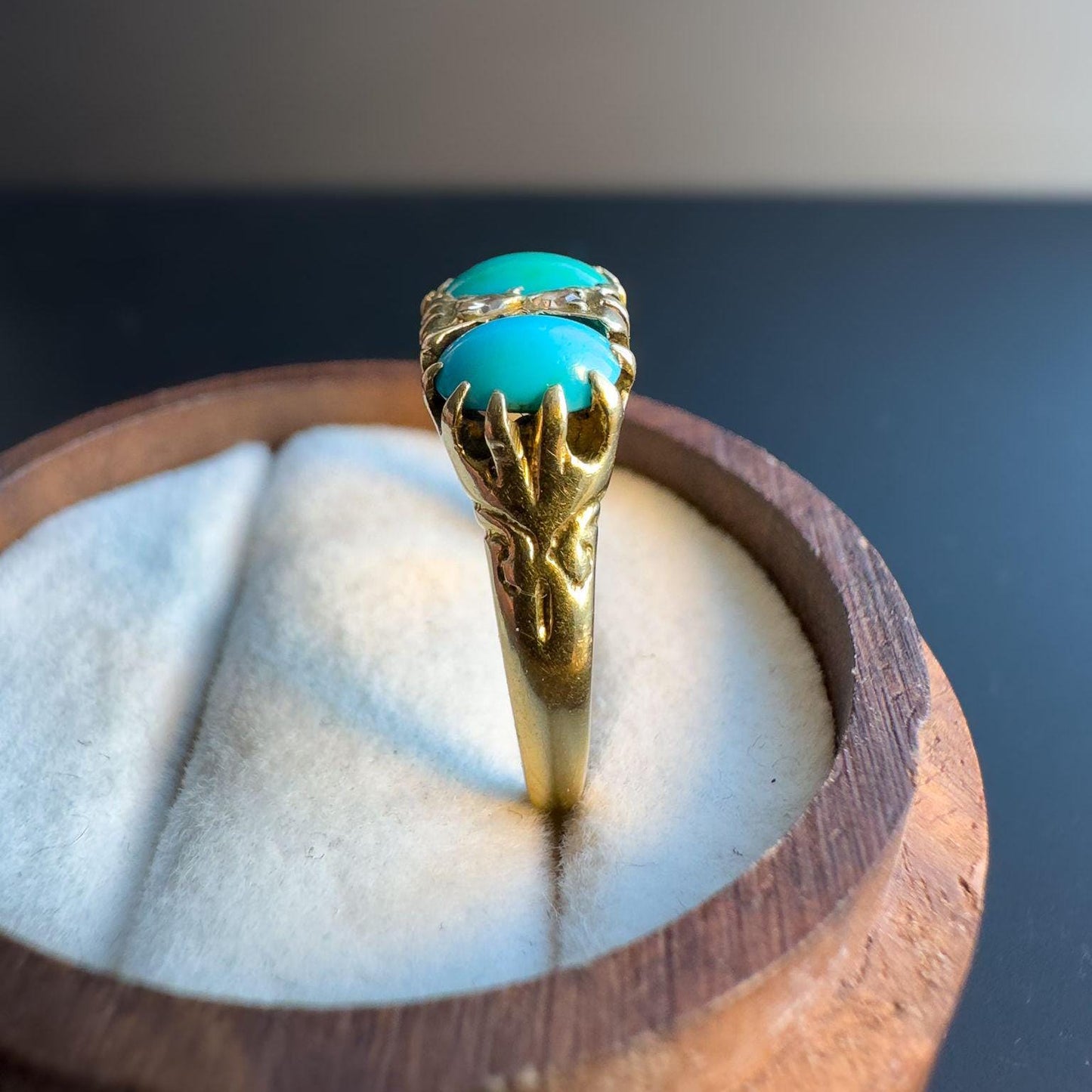 Stunning | Victorian | 18ct | 18k Gold | Old Mine Cut Diamond & Turquoise Trilogy Ring | Multi Stone Ring | UK O - US 7.25 | Resizable |
