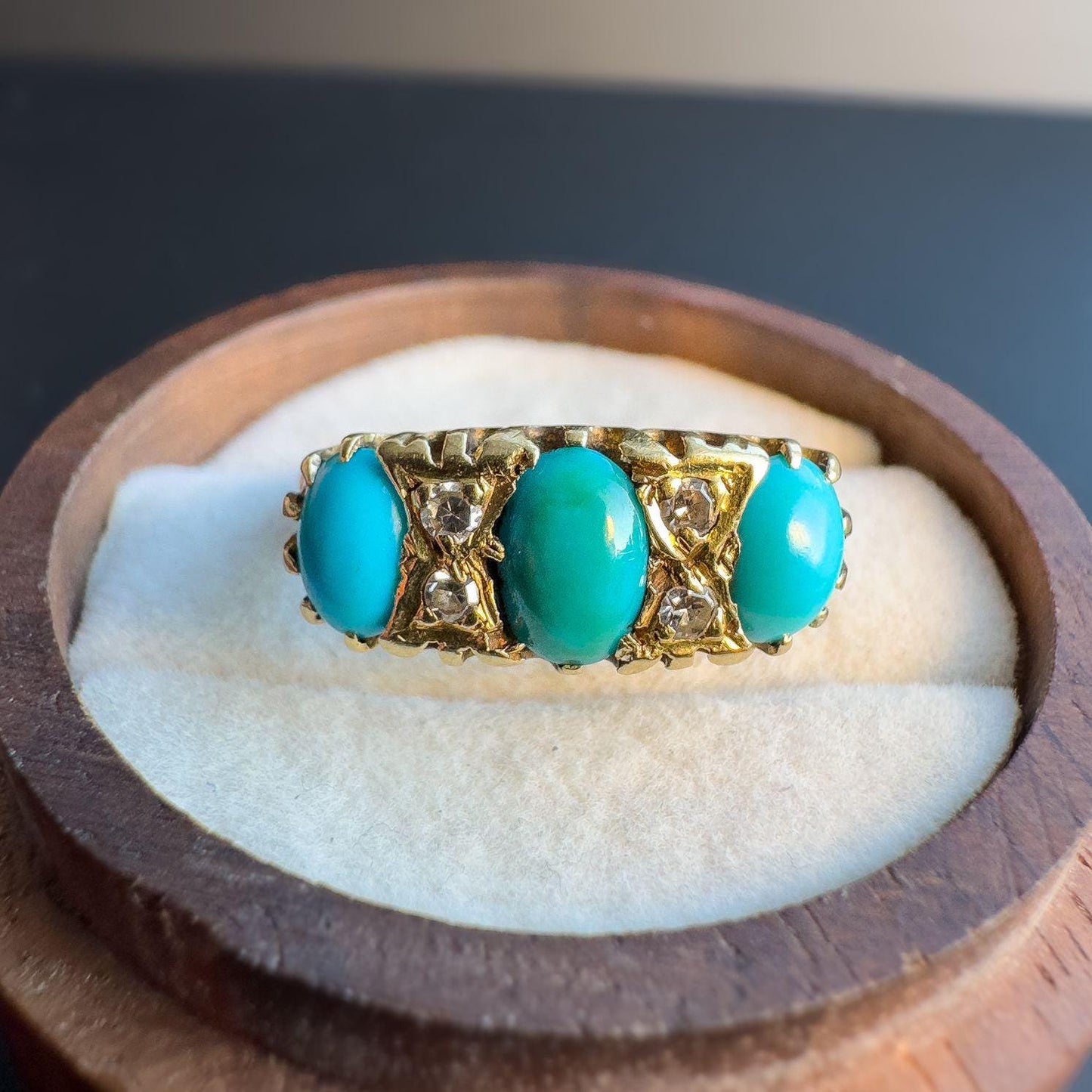 Stunning | Victorian | 18ct | 18k Gold | Old Mine Cut Diamond & Turquoise Trilogy Ring | Multi Stone Ring | UK O - US 7.25 | Resizable |