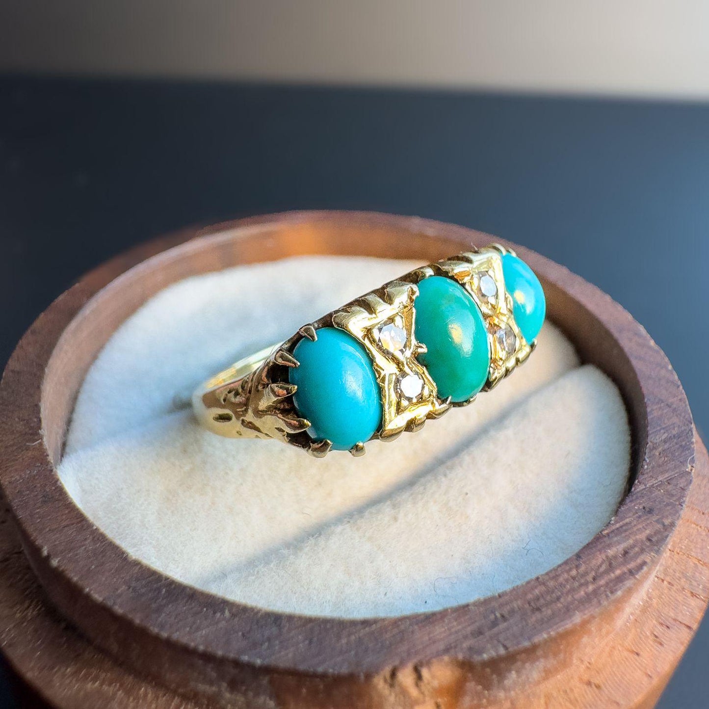 Stunning | Victorian | 18ct | 18k Gold | Old Mine Cut Diamond & Turquoise Trilogy Ring | Multi Stone Ring | UK O - US 7.25 | Resizable |