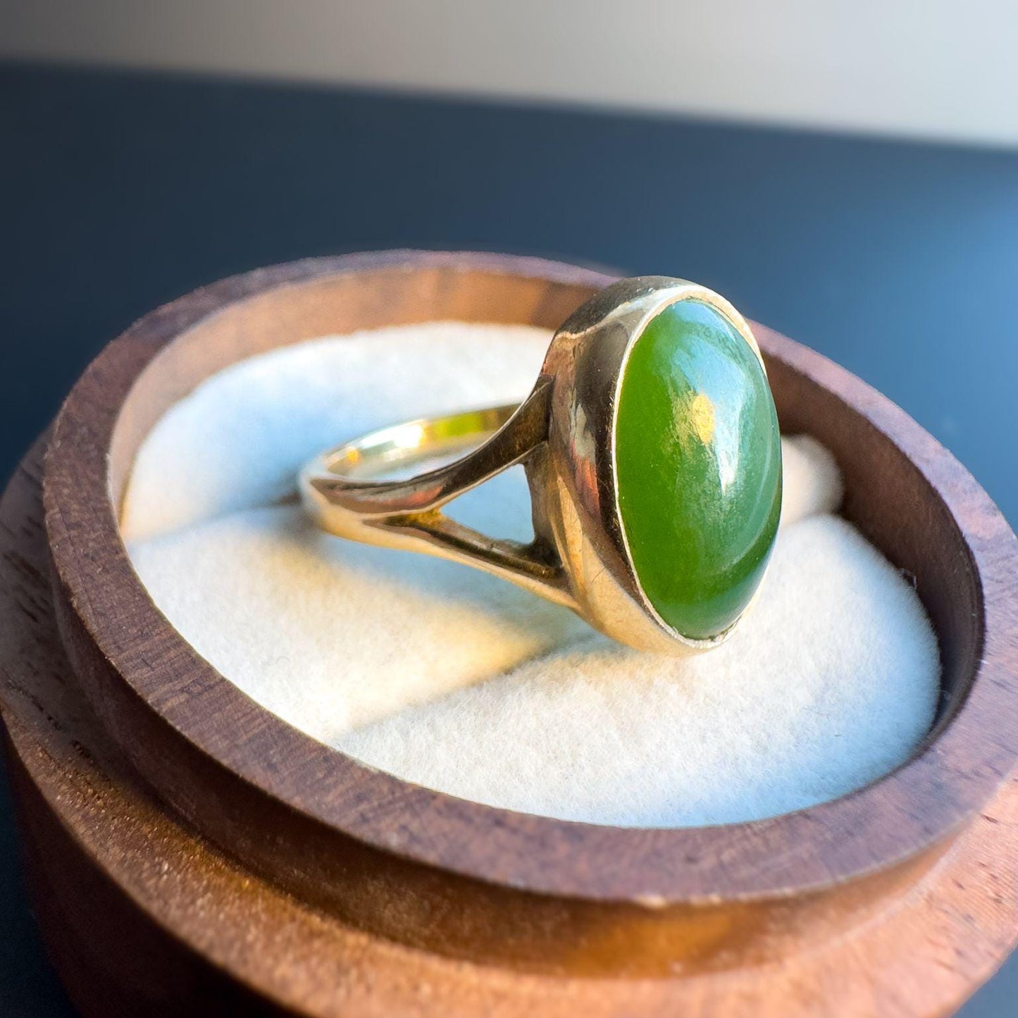 Vintage 9ct Gold Nephrite Jade Ring | Unique Green Stone Jewelry | Classic Minimalist Gold Band | Statement Ring | English Hallmarks |