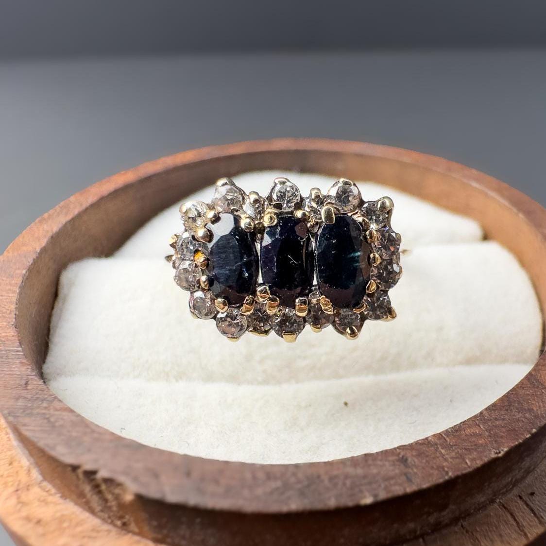Vintage 1980s | 9ct | 9k Gold Sapphire & Cubic Zirconia Cluster Ring | Elegant Triple Stone Statement Ring | English Hallmarks |