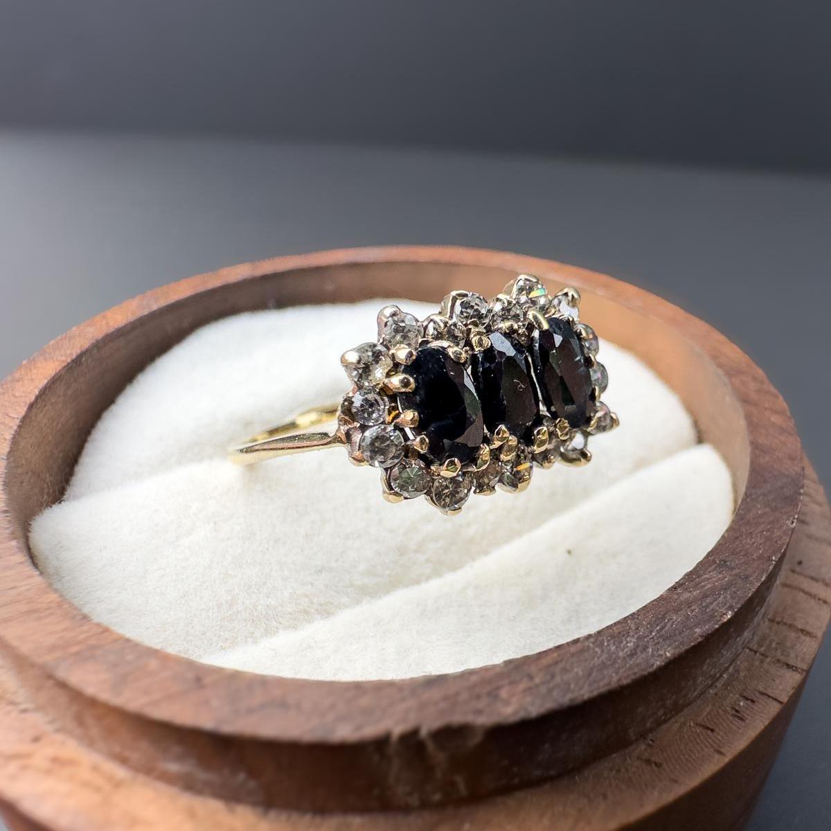 Vintage 1980s | 9ct | 9k Gold Sapphire & Cubic Zirconia Cluster Ring | Elegant Triple Stone Statement Ring | English Hallmarks |