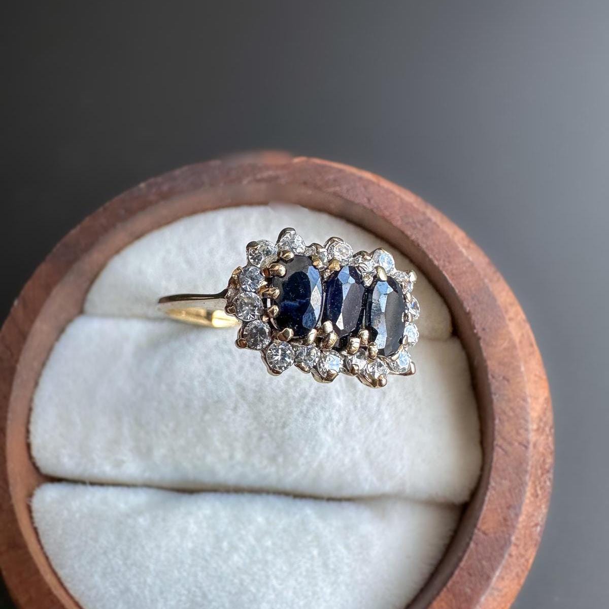 Vintage 1980s | 9ct | 9k Gold Sapphire & Cubic Zirconia Cluster Ring | Elegant Triple Stone Statement Ring | English Hallmarks |