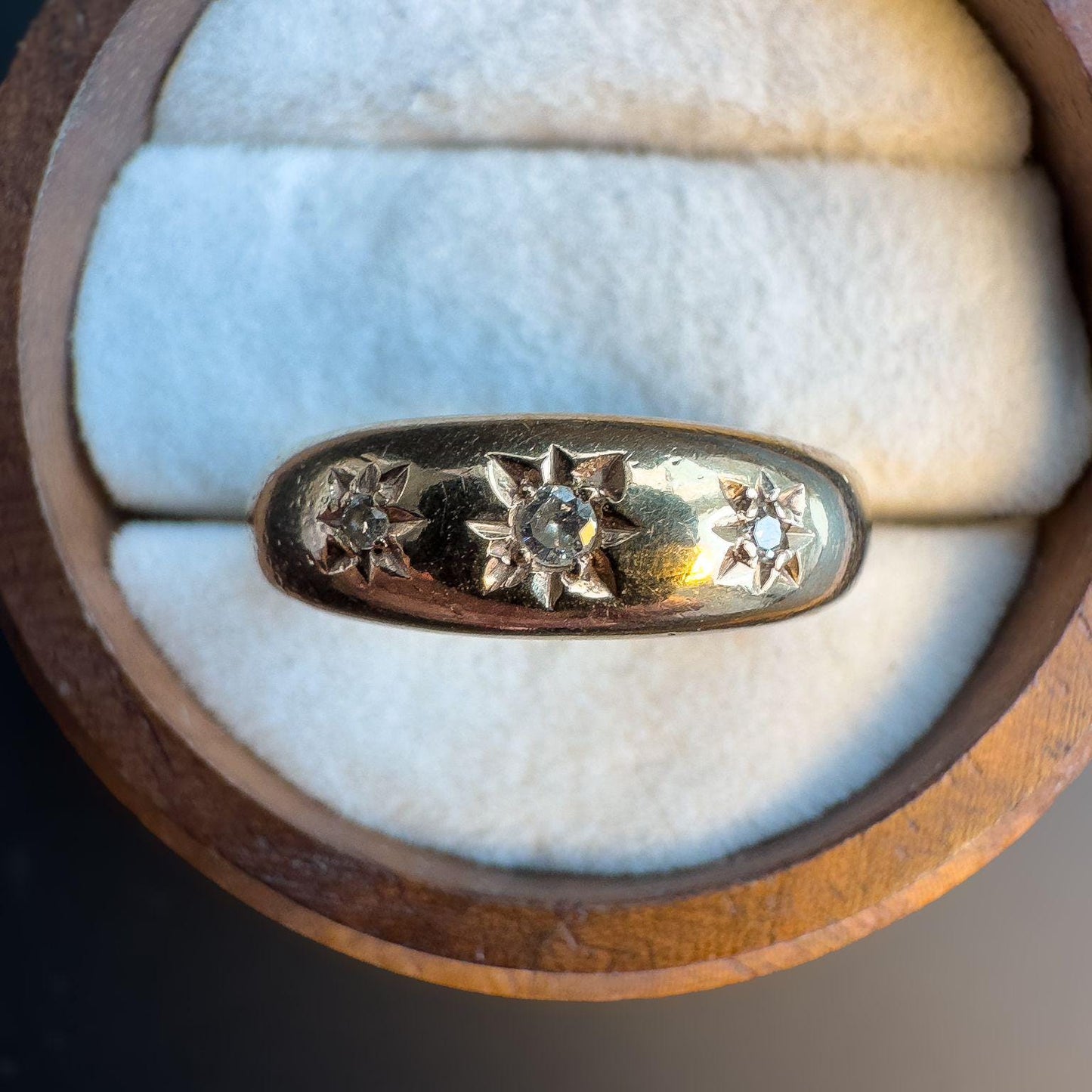 Beautiful 80s Vintage | 9ct | 9k Yellow Gold Star Set Diamond Gypsy Band Ring | Dome Ring | English Hallmarks |