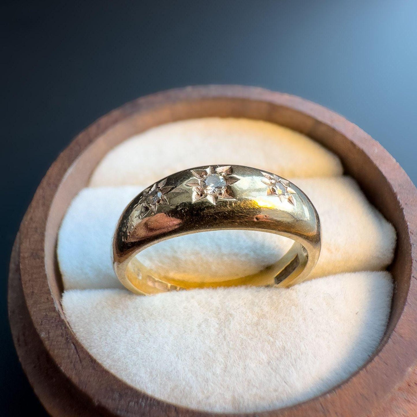 Beautiful 80s Vintage | 9ct | 9k Yellow Gold Star Set Diamond Gypsy Band Ring | Dome Ring | English Hallmarks |
