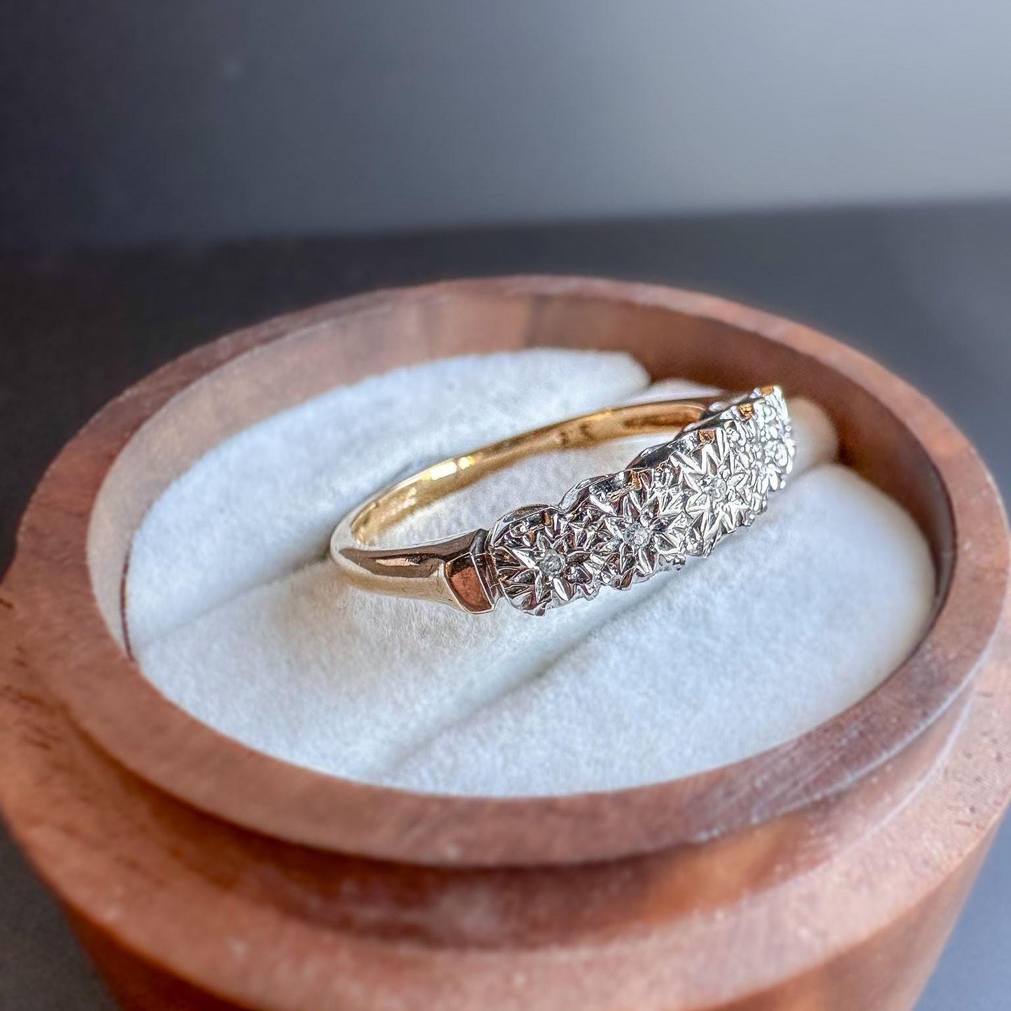 A Glamarous | Vintage | 9ct | 9k Gold | Five Stone Diamond Ring | Half Eternity Ring | English Hallmarks | UK O - US 7 Resizable |