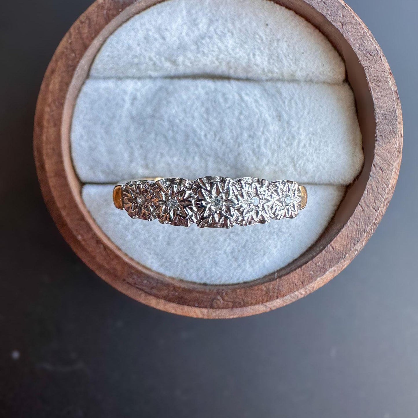 A Glamarous | Vintage | 9ct | 9k Gold | Five Stone Diamond Ring | Half Eternity Ring | English Hallmarks | UK O - US 7 Resizable |