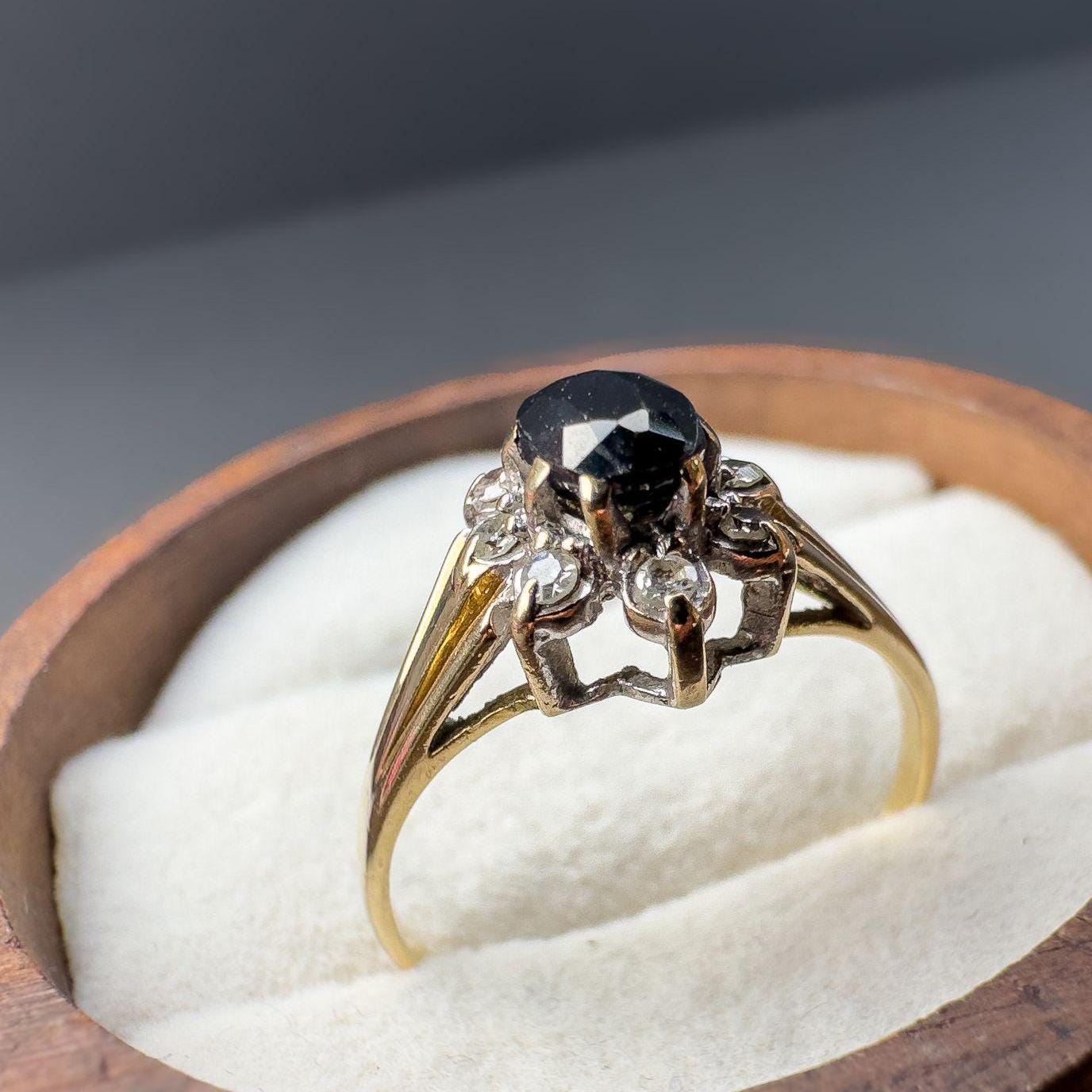 Gorgeous 60s | Vintage | 9ct | 9k Gold | Sapphire & Diamond | Floral Cluster Ring | English Hallmarks | UK K US 5.25 | Resizable |