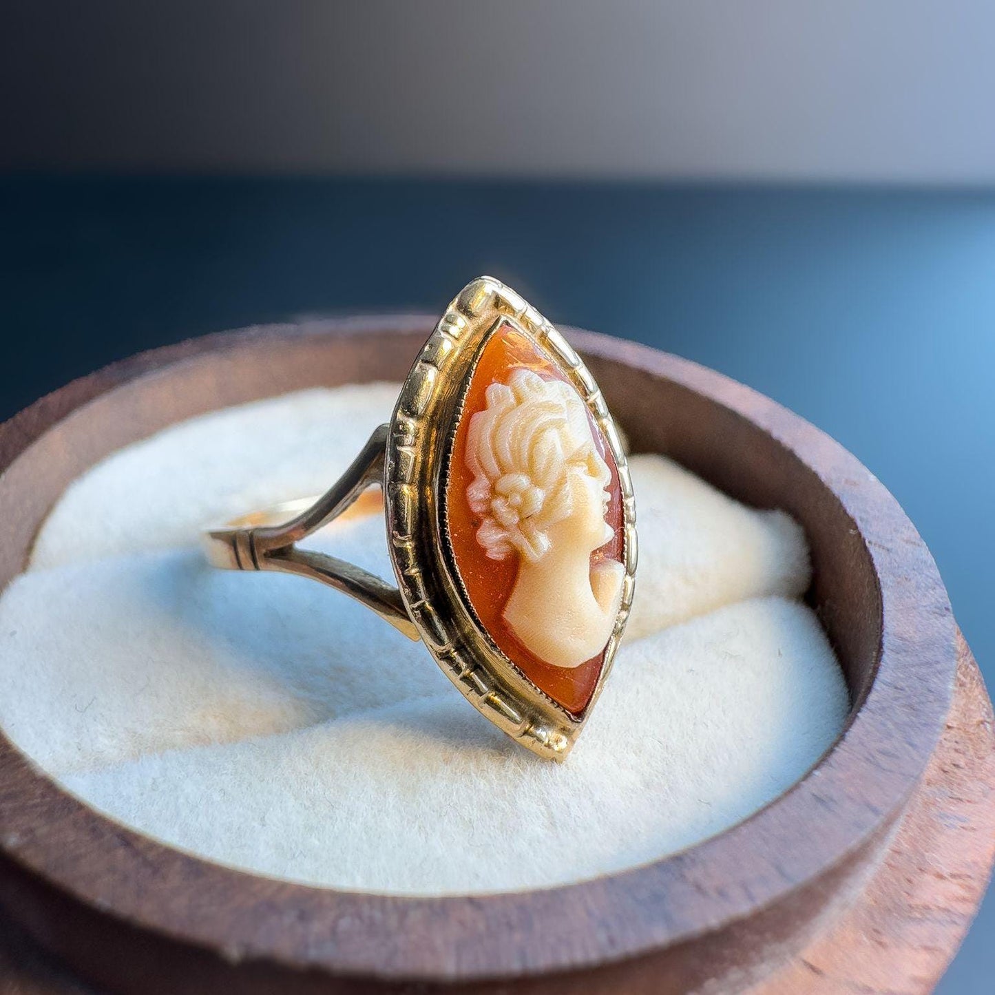 Elegant | 9ct | 9k Gold Vintage | Cameo Statement Ring | Classic Hand-Carved Cameo in Marquise Setting | English Hallmarks |