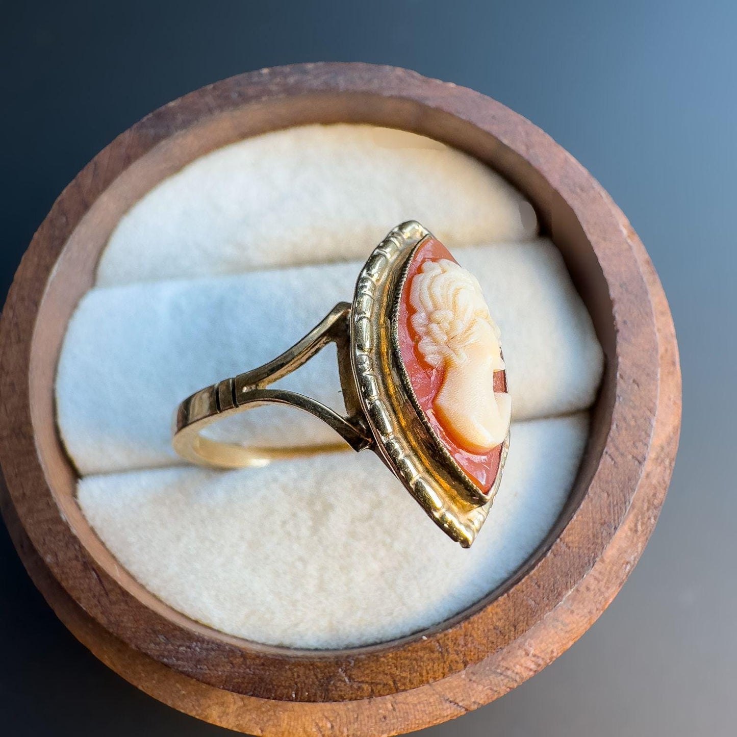 Elegant | 9ct | 9k Gold Vintage | Cameo Statement Ring | Classic Hand-Carved Cameo in Marquise Setting | English Hallmarks |