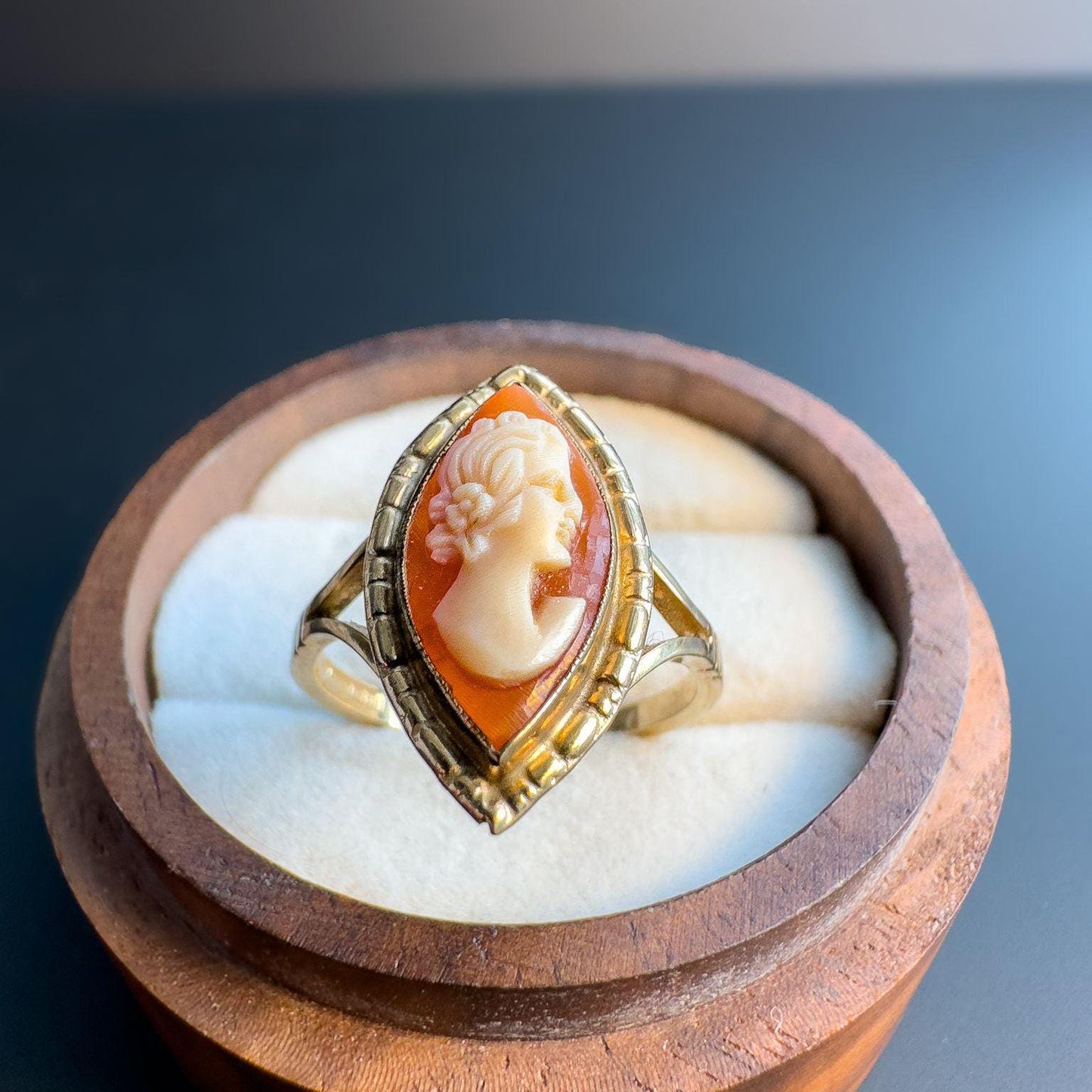Elegant | 9ct | 9k Gold Vintage | Cameo Statement Ring | Classic Hand-Carved Cameo in Marquise Setting | English Hallmarks |