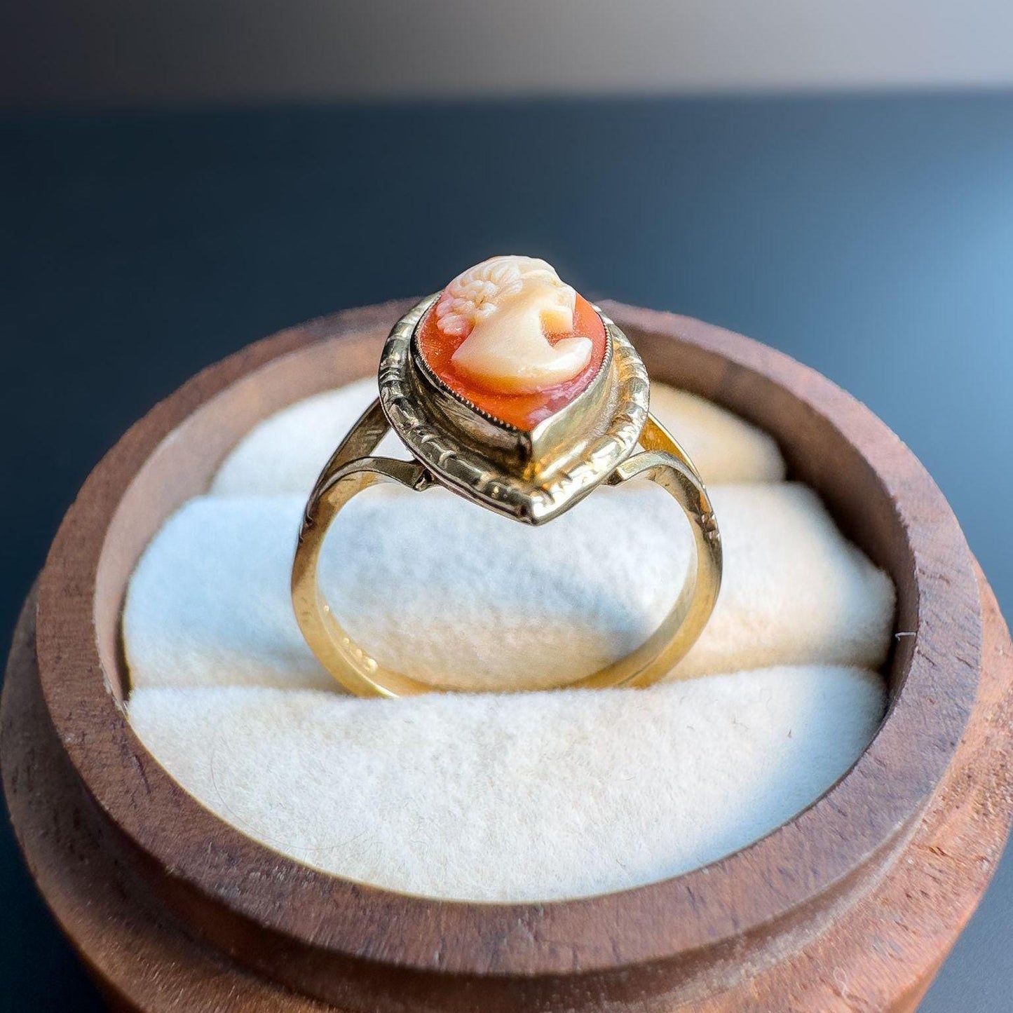 Elegant | 9ct | 9k Gold Vintage | Cameo Statement Ring | Classic Hand-Carved Cameo in Marquise Setting | English Hallmarks |